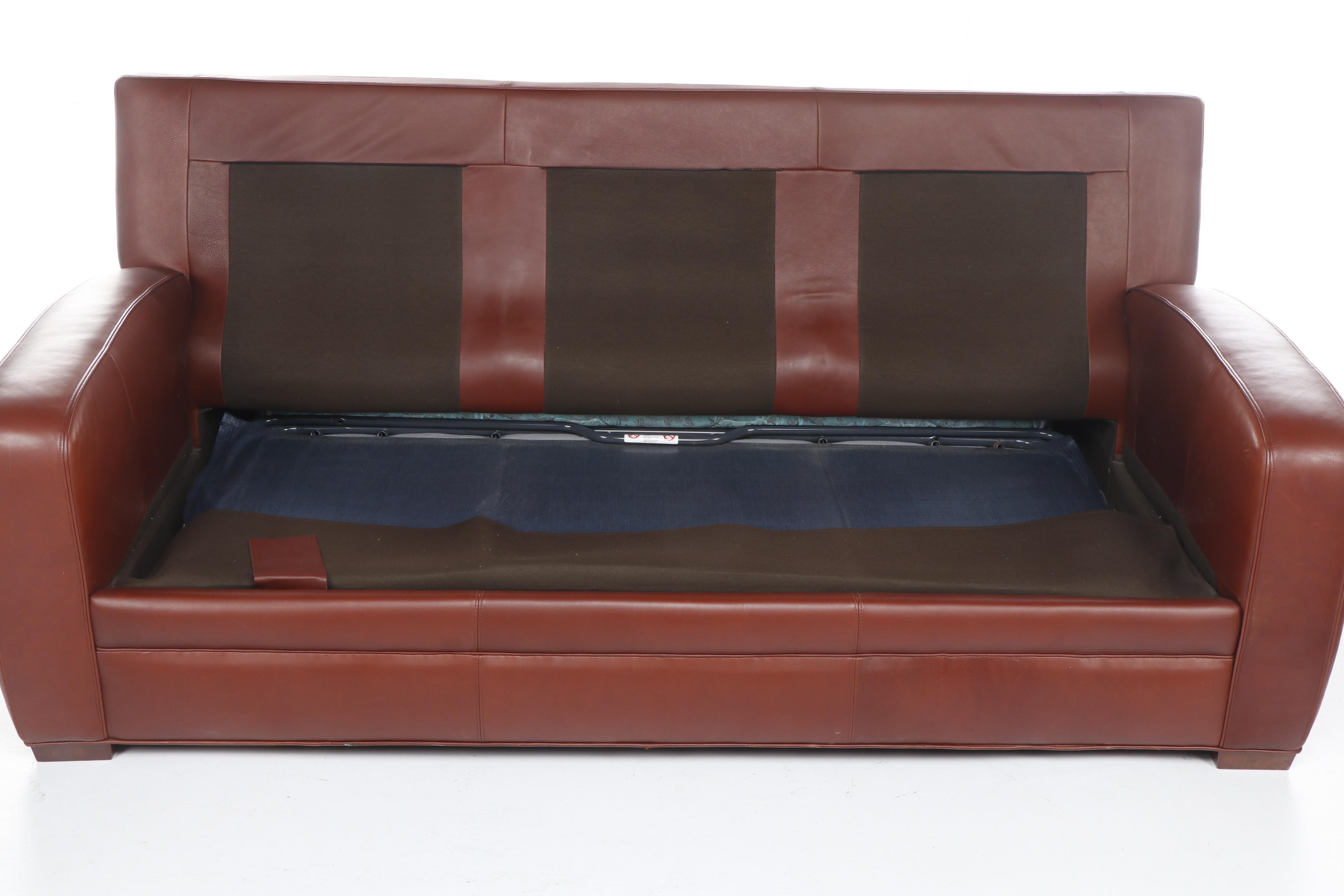 Contemporary Crate & Barrel Red Leather Sleeper Sofa with Teak Feet