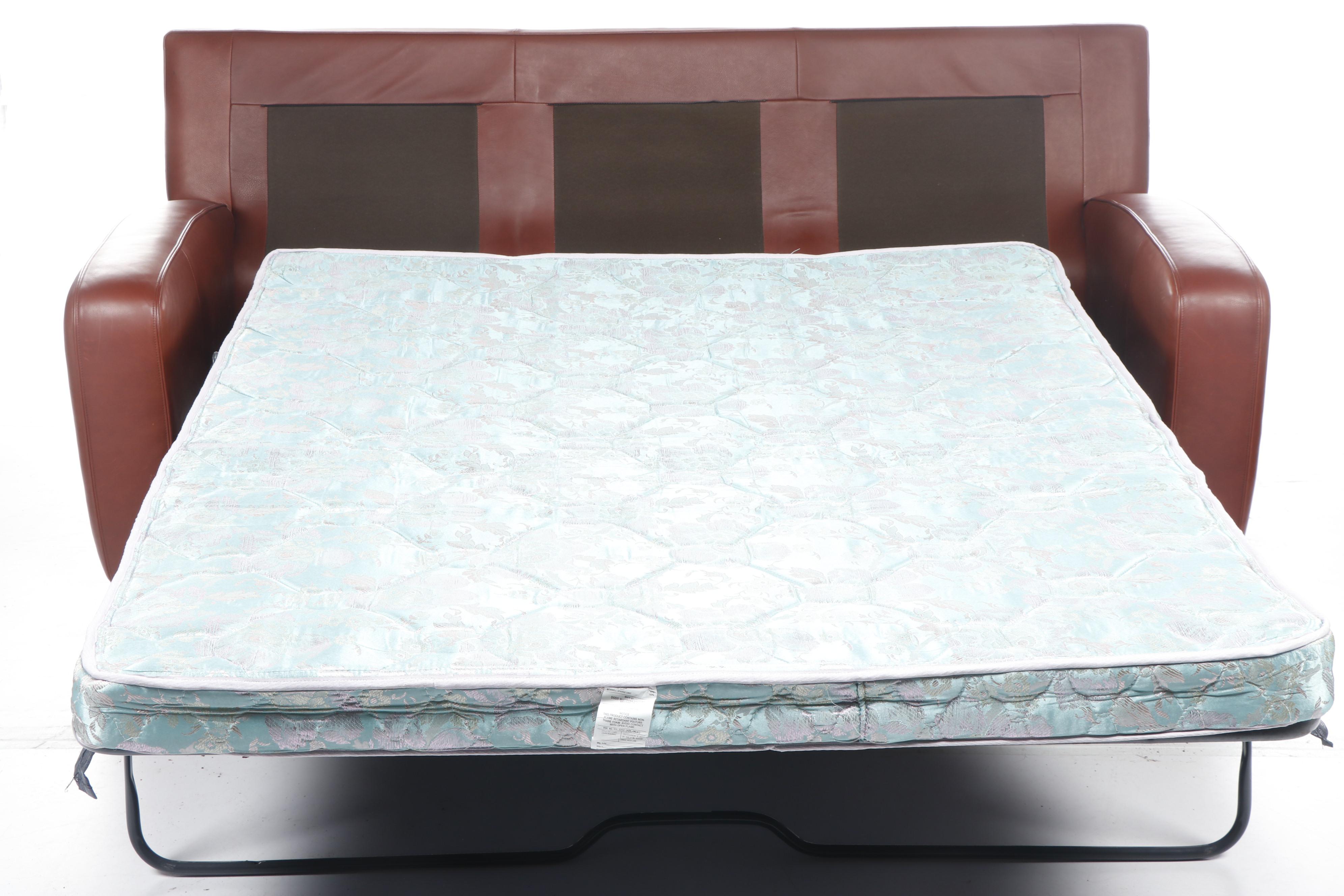 Contemporary Crate & Barrel Red Leather Sleeper Sofa with Teak Feet