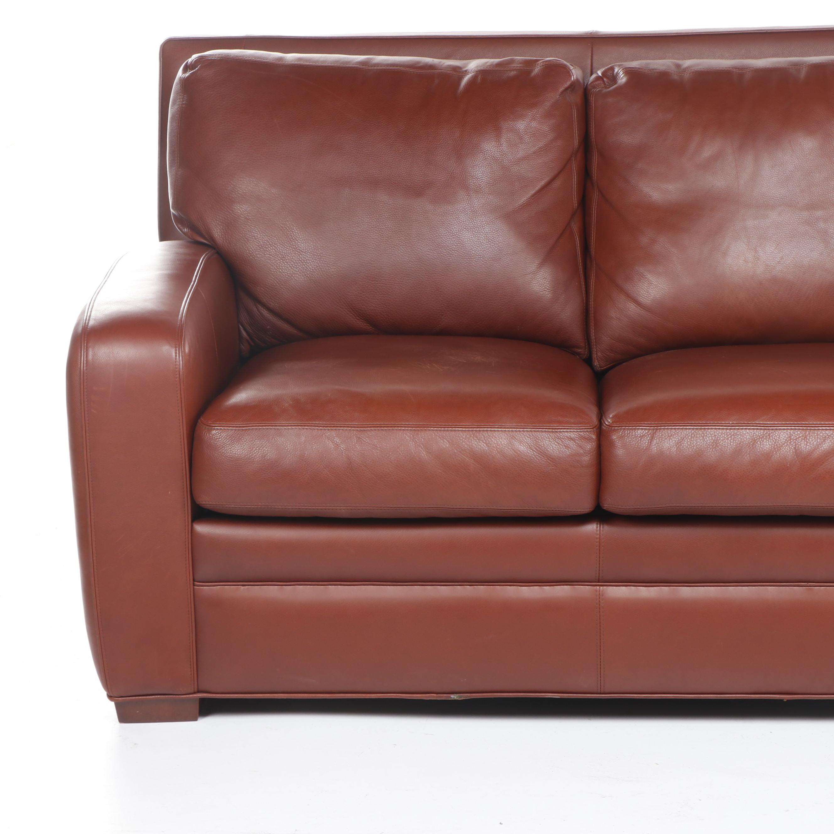 Contemporary Crate & Barrel Red Leather Sleeper Sofa with Teak Feet