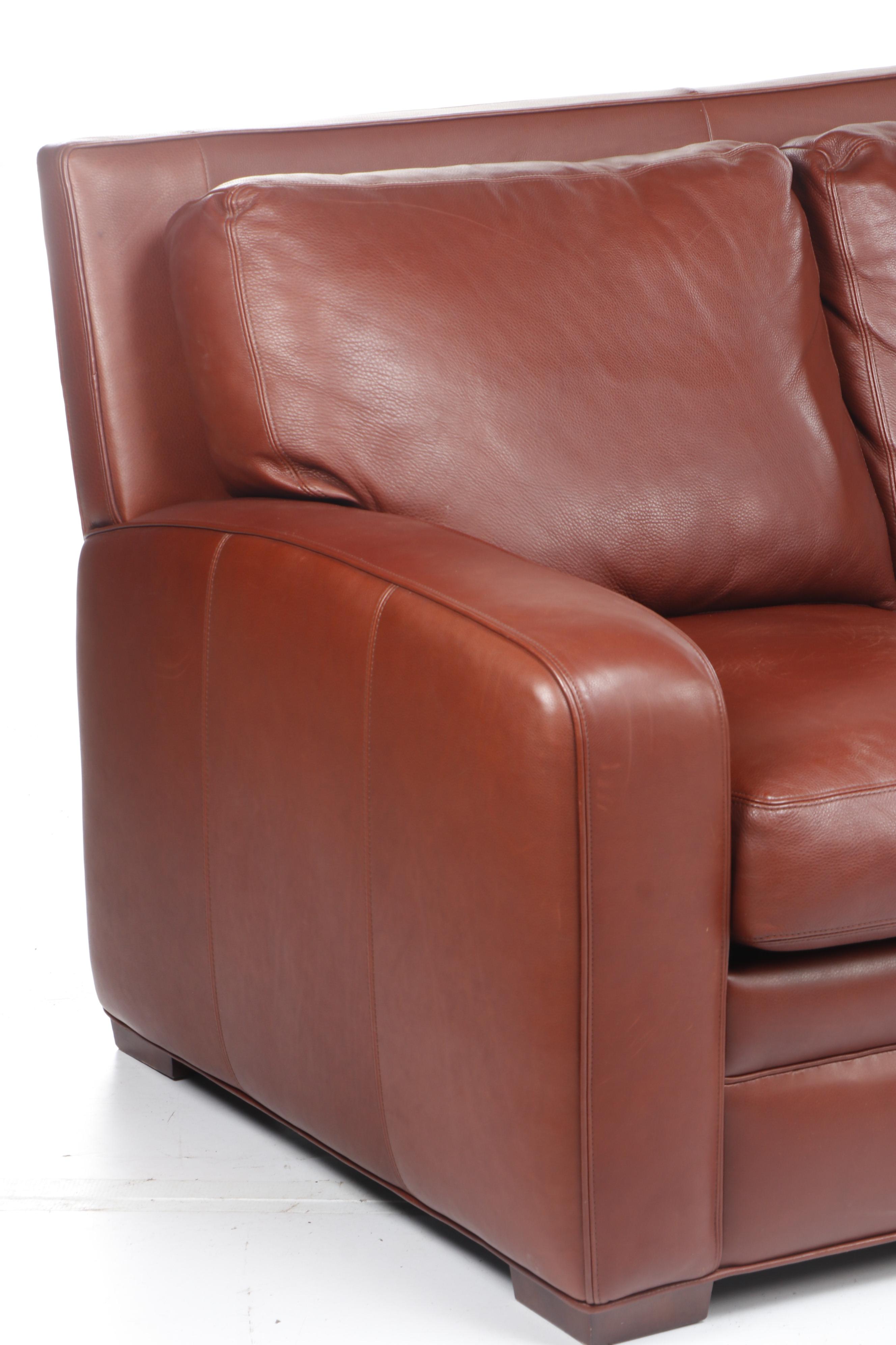 Contemporary Crate & Barrel Red Leather Sleeper Sofa with Teak Feet