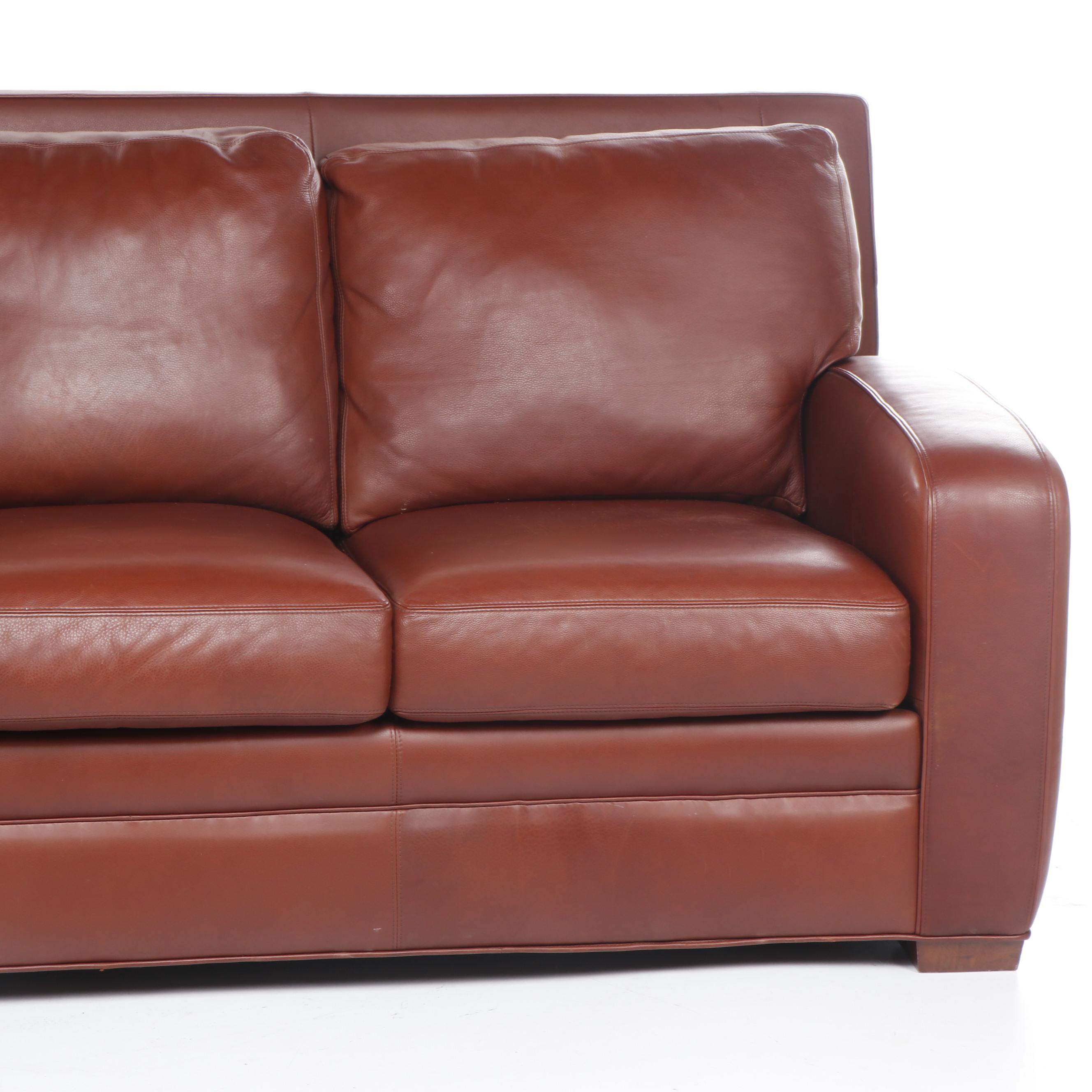Contemporary Crate & Barrel Red Leather Sleeper Sofa with Teak Feet
