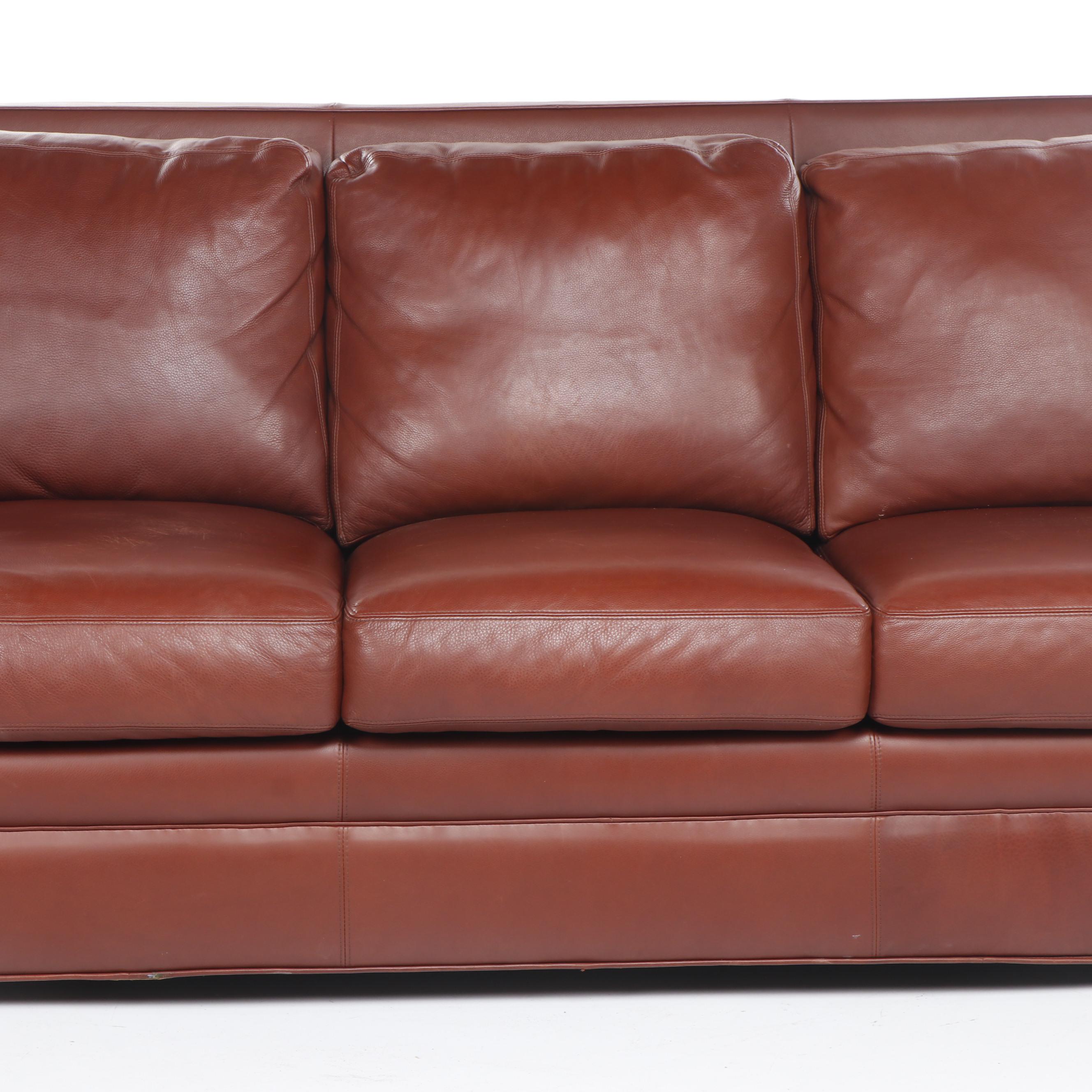 Contemporary Crate & Barrel Red Leather Sleeper Sofa with Teak Feet
