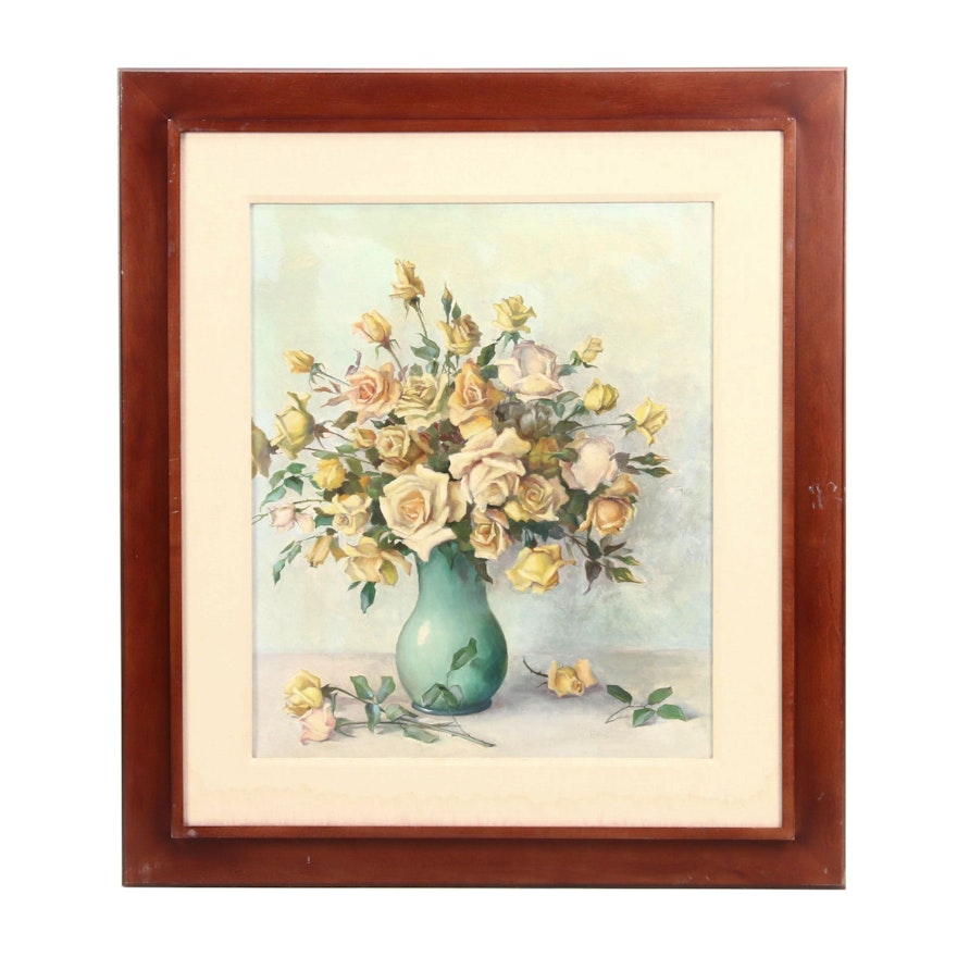 20th Century Oil Painting of Roses in Vase