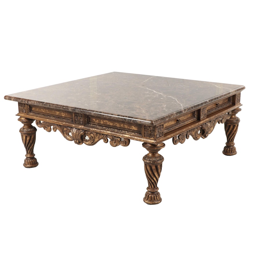Contemporary Marble Top Painted and Carved Wooden Coffee Table