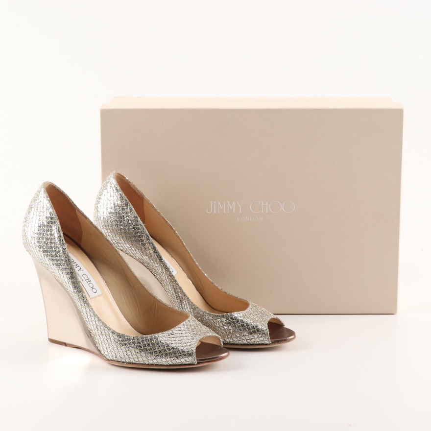 Jimmy Choo London "Bello" Champagne Glitter Fabric Wedges