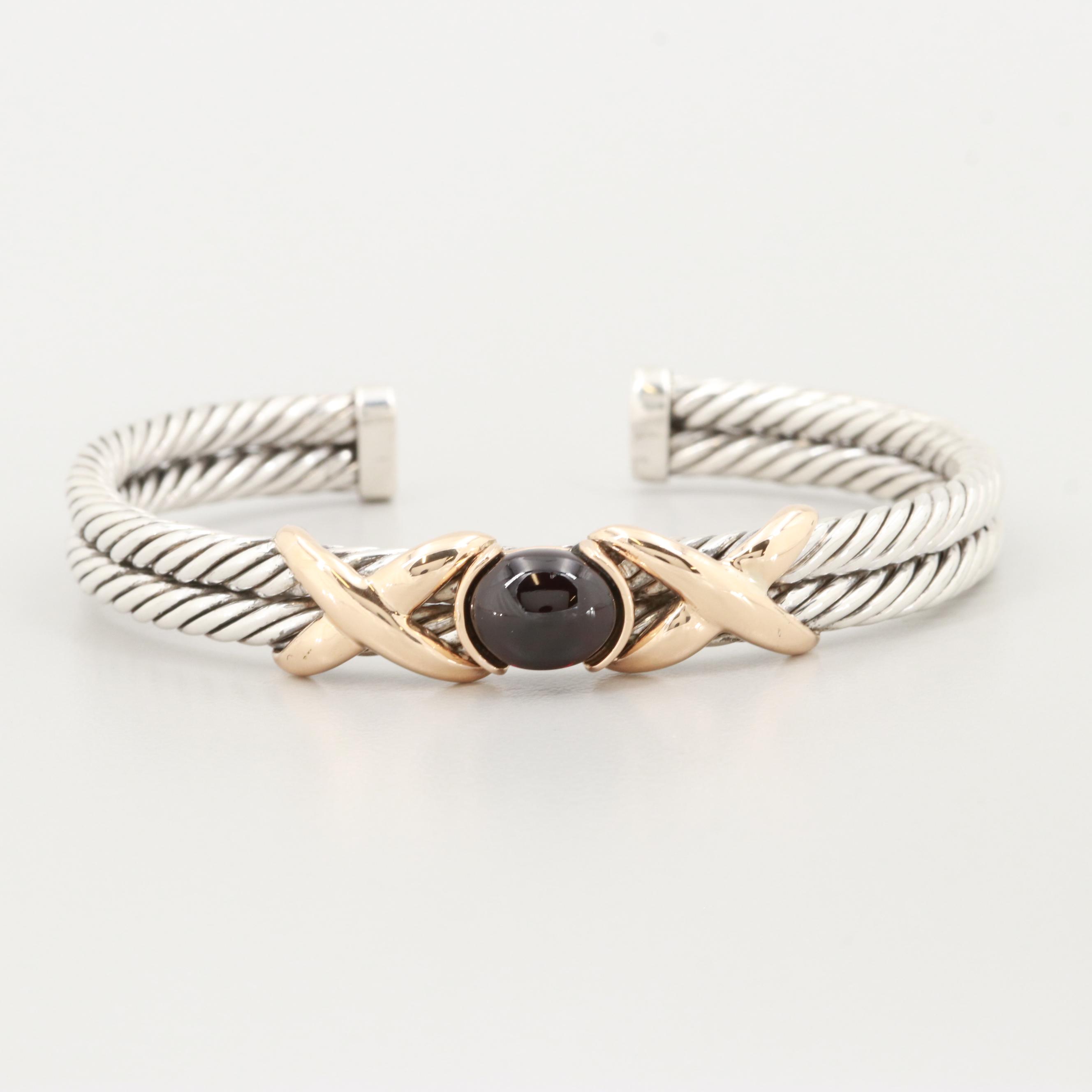 Sterling Silver Black Onyx Cuff Bracelet with 14K Yellow Gold Accents