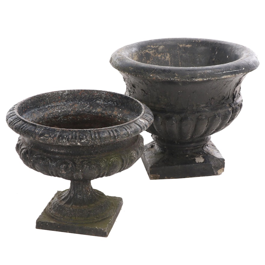 Neoclassical Style Painted Cement and Cast Iron Urn Planters