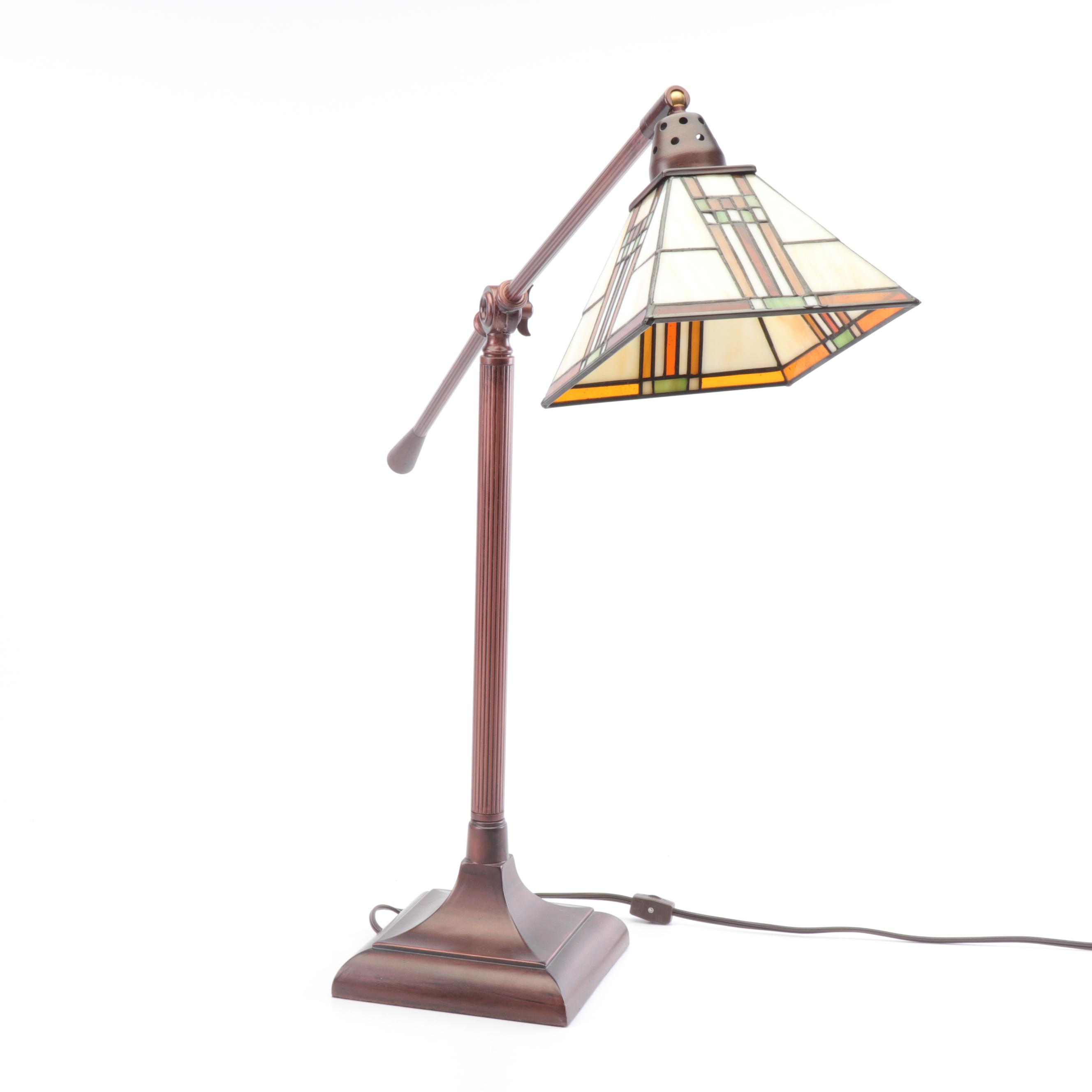 Craftsman Style Adjustable Desk Lamp with Slag and Stained Glass Shade
