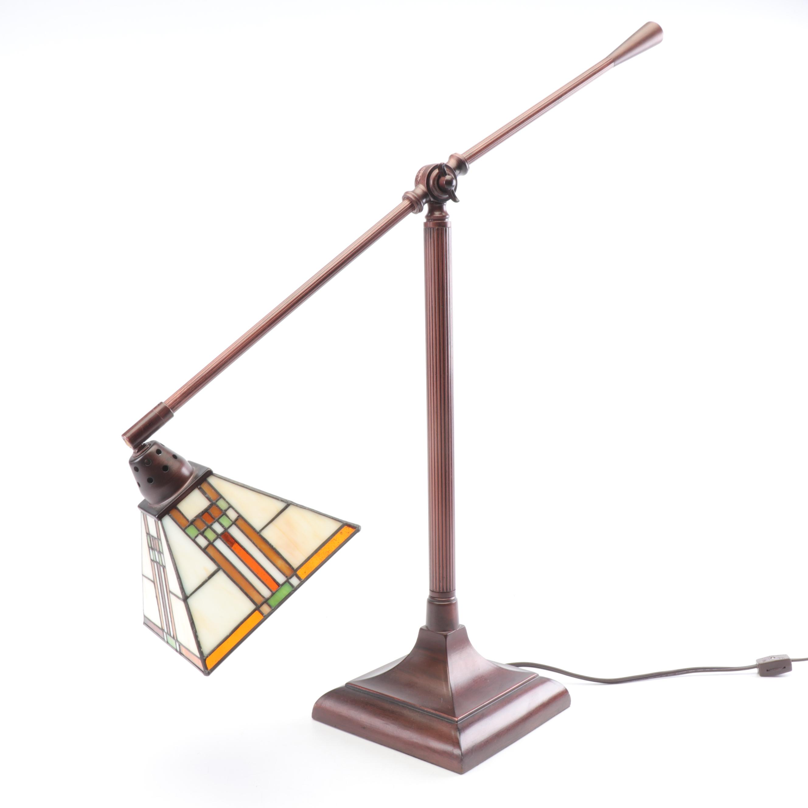 Craftsman Style Adjustable Desk Lamp with Slag and Stained Glass Shade