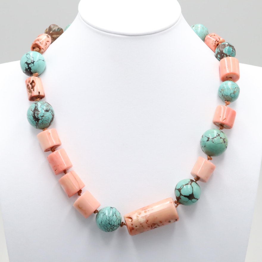 Gold Tone Coral, Turquoises and Glass Hand Knotted Bead Necklace