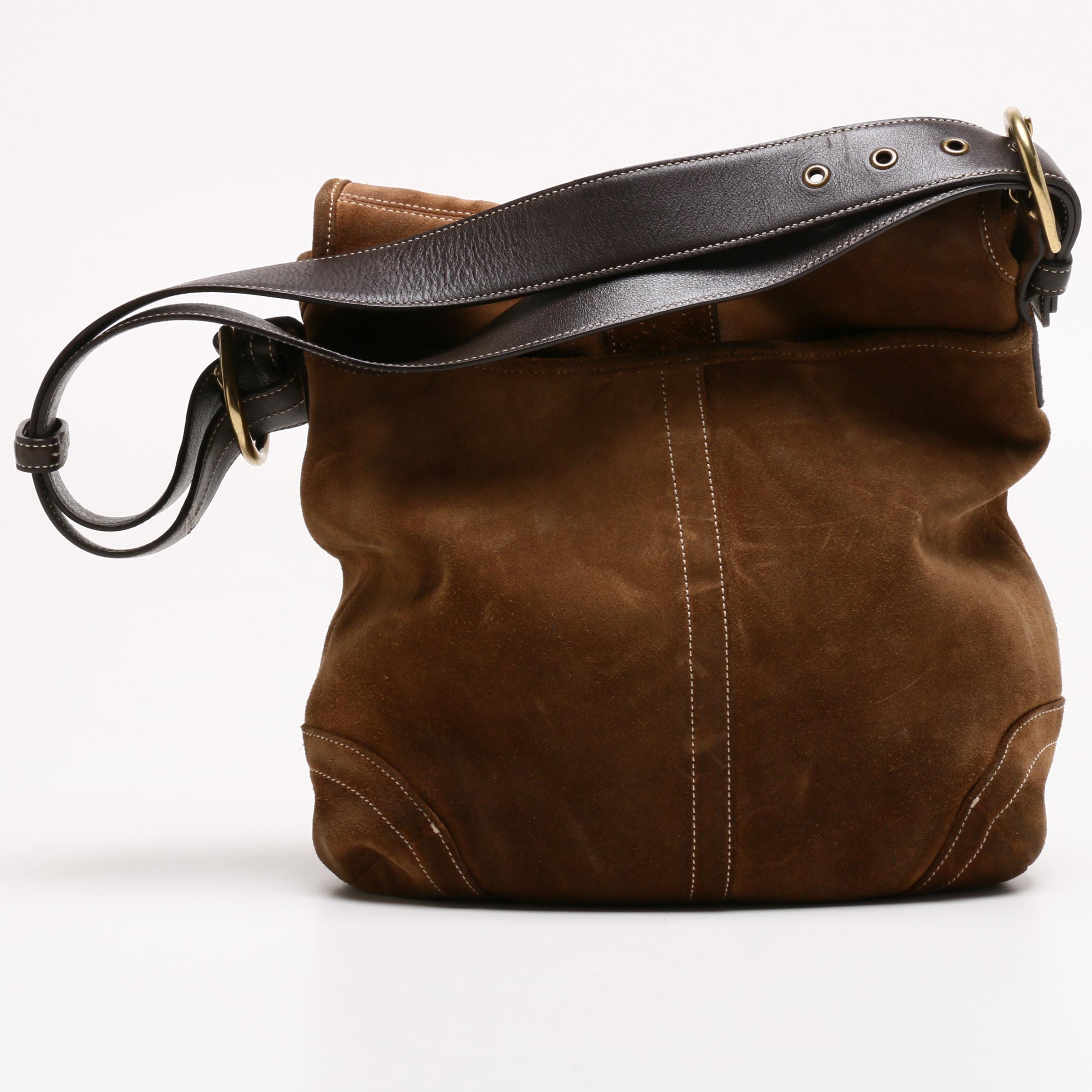 Coach Brown Suede Flap Front Hobo Bag with Leather Strap