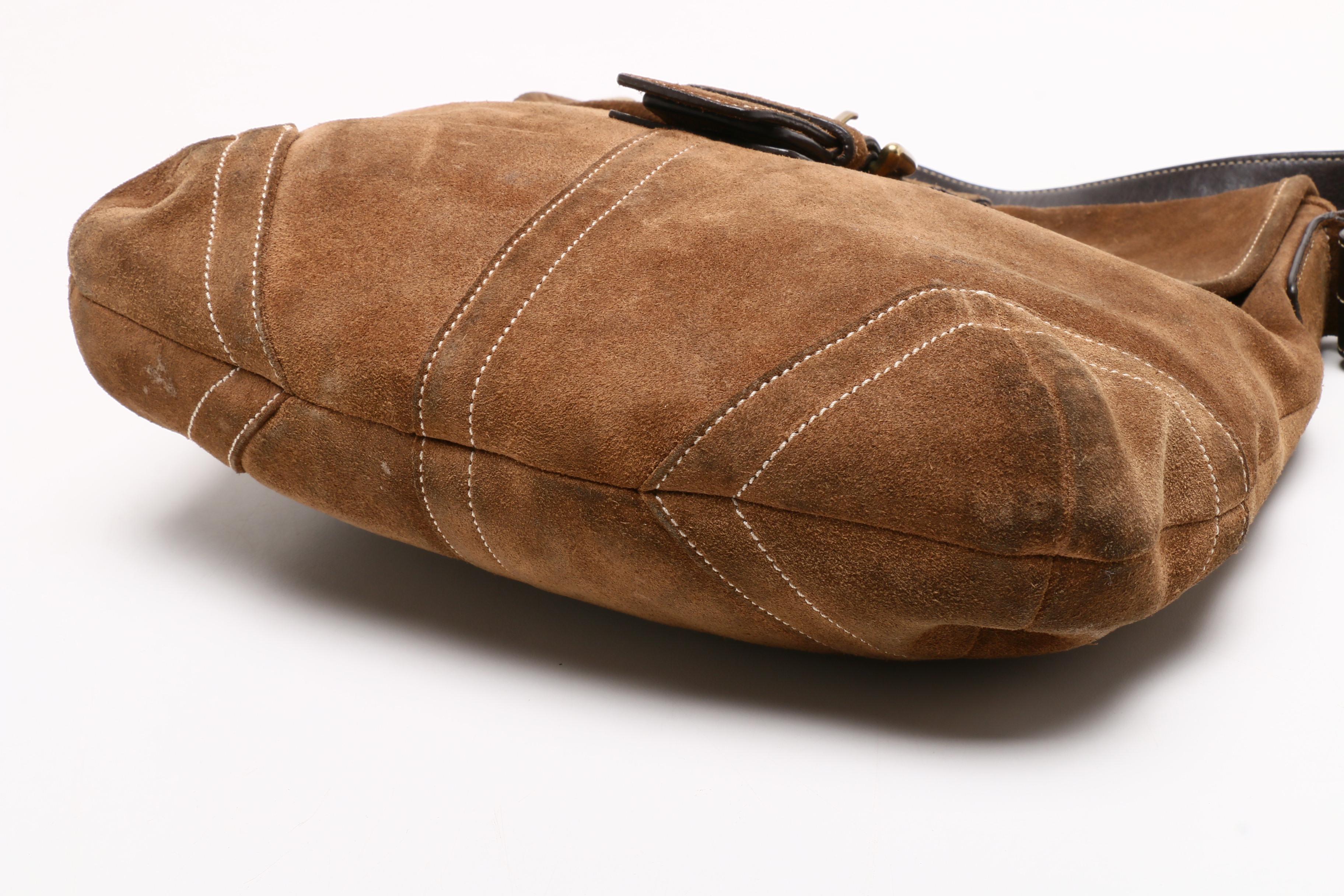 Coach Brown Suede Flap Front Hobo Bag with Leather Strap
