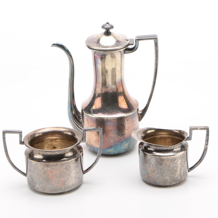 Bernard Rice's Sons Silver Plate "Apollo" Coffeepot, Creamer, and Sugar Bowl