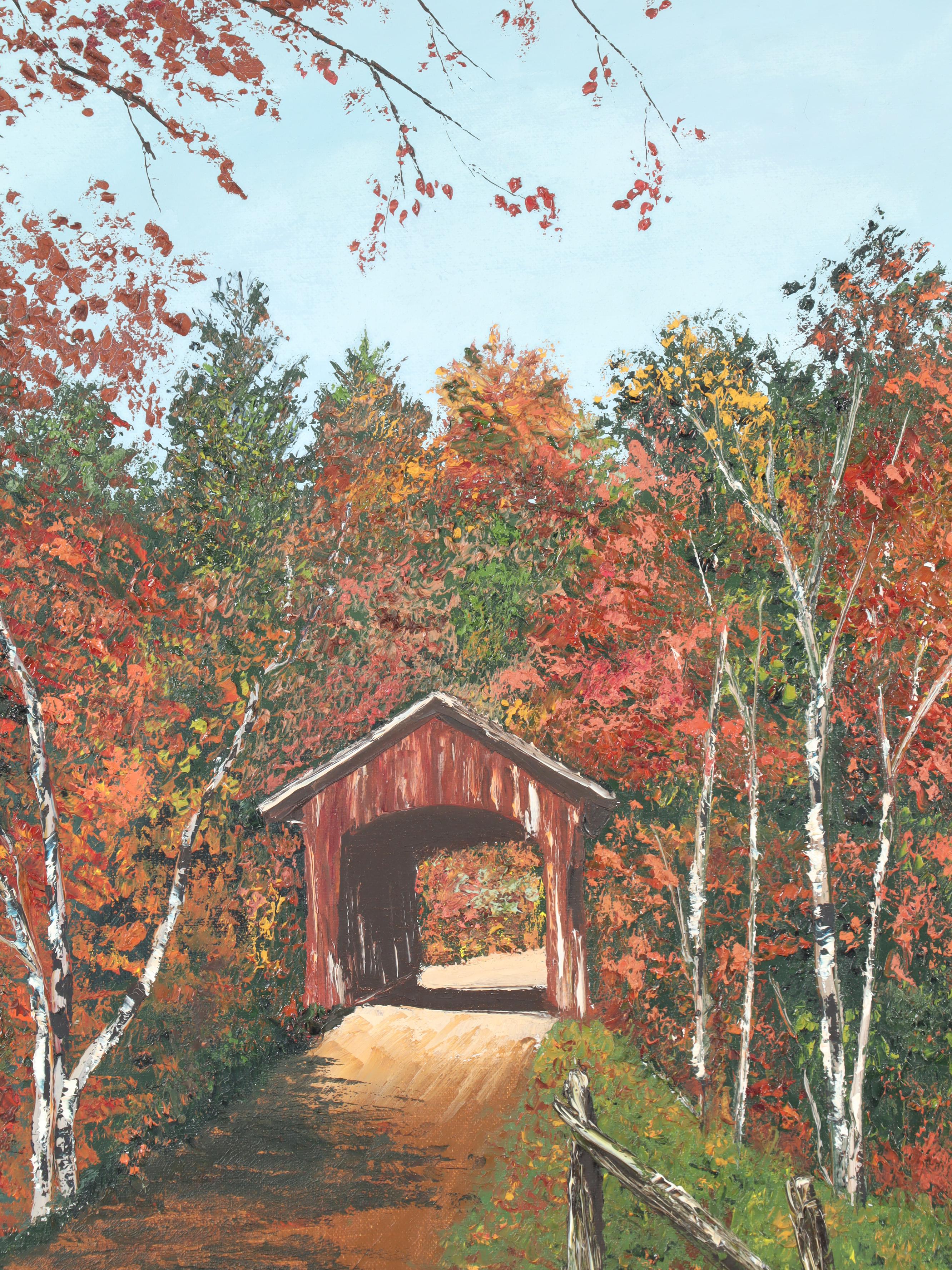20th Century Covered Bridge Oil Painting