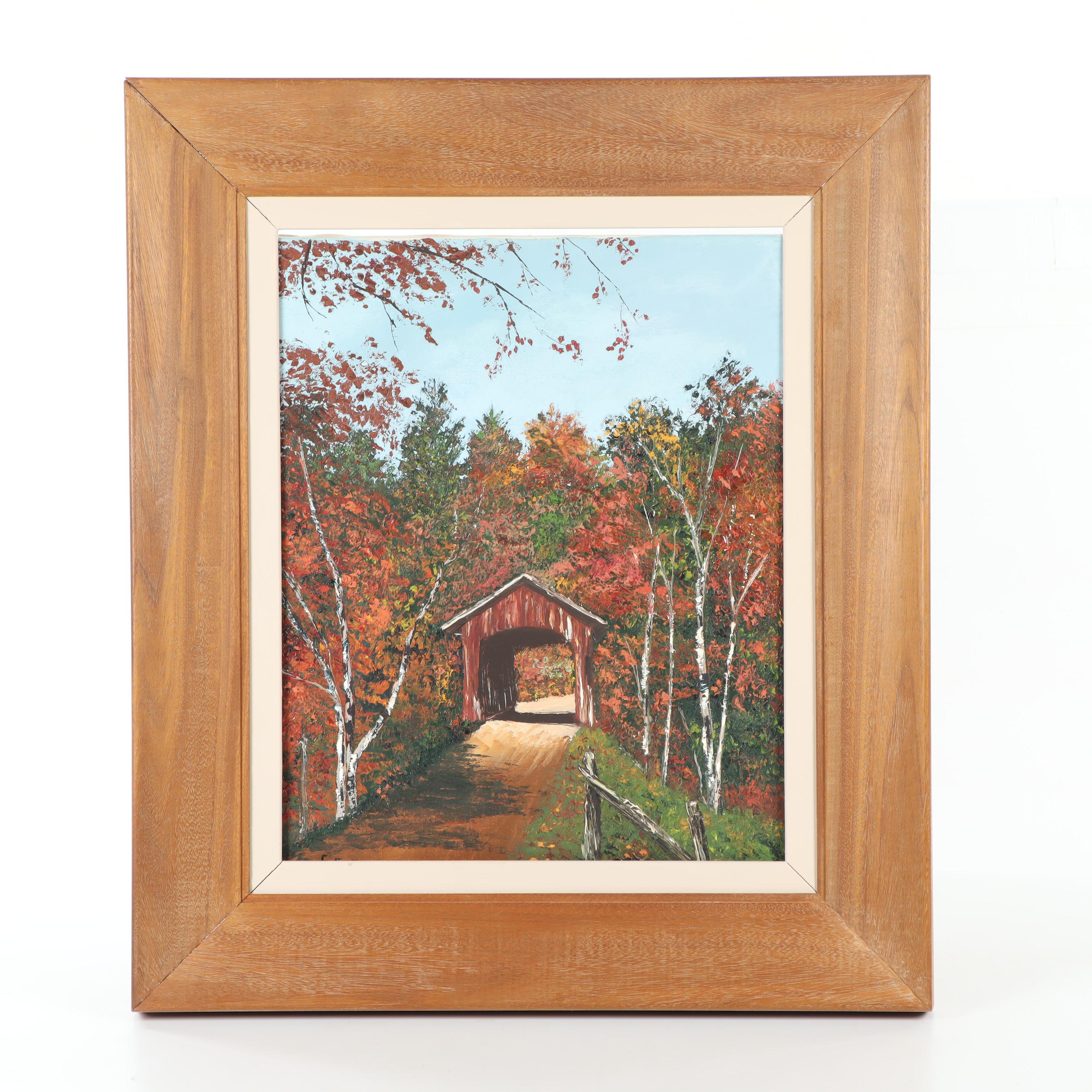20th Century Covered Bridge Oil Painting