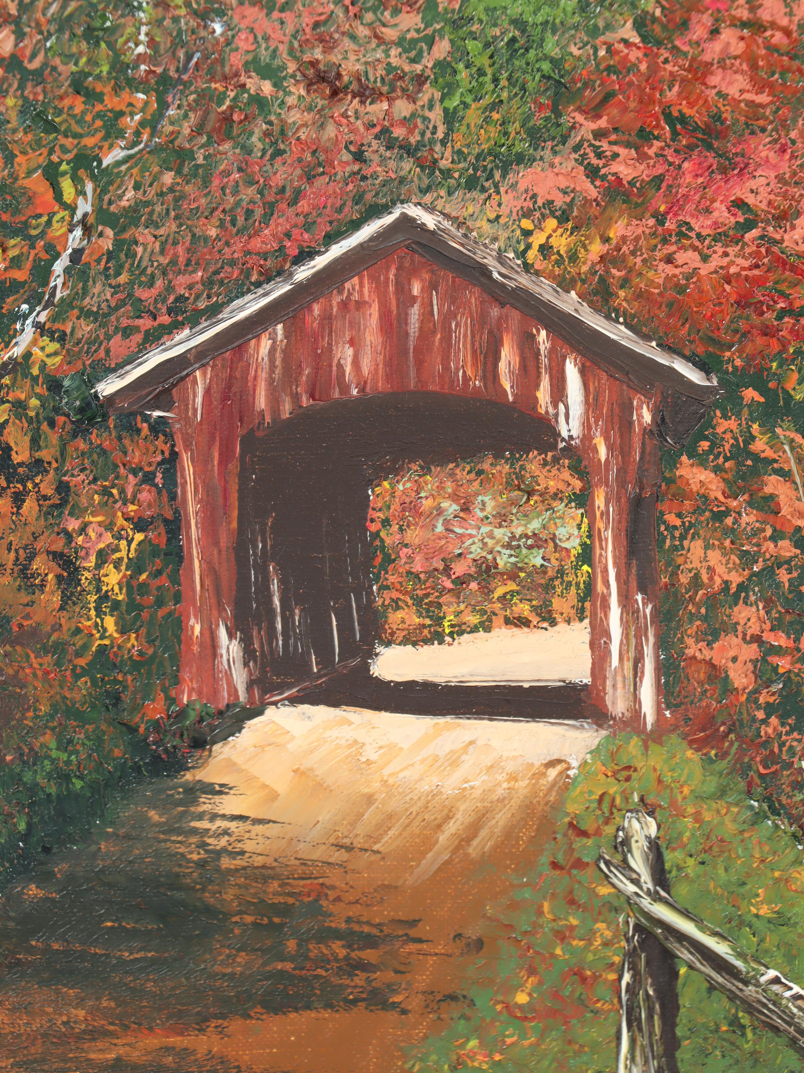 20th Century Covered Bridge Oil Painting
