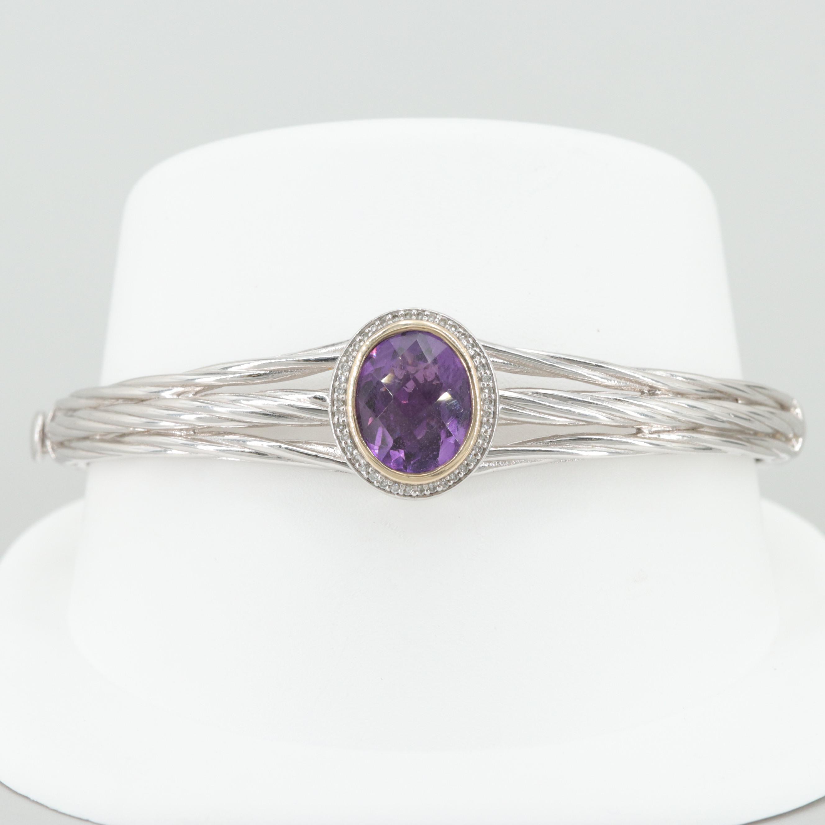 Sterling Silver Amethyst and Diamond Bangle Bracelet with 14K Yellow Gold Accent