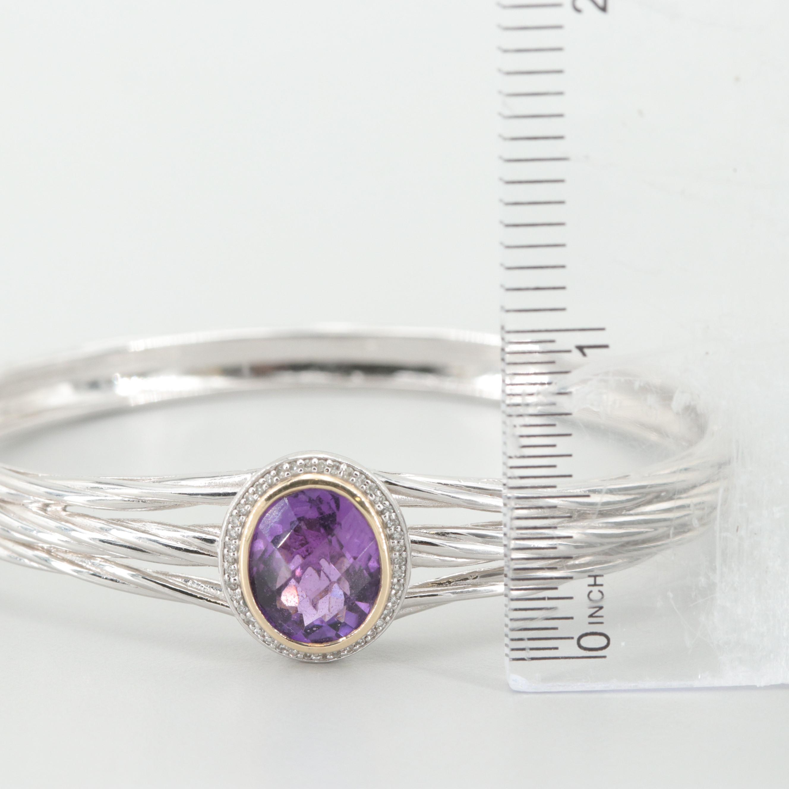 Sterling Silver Amethyst and Diamond Bangle Bracelet with 14K Yellow Gold Accent