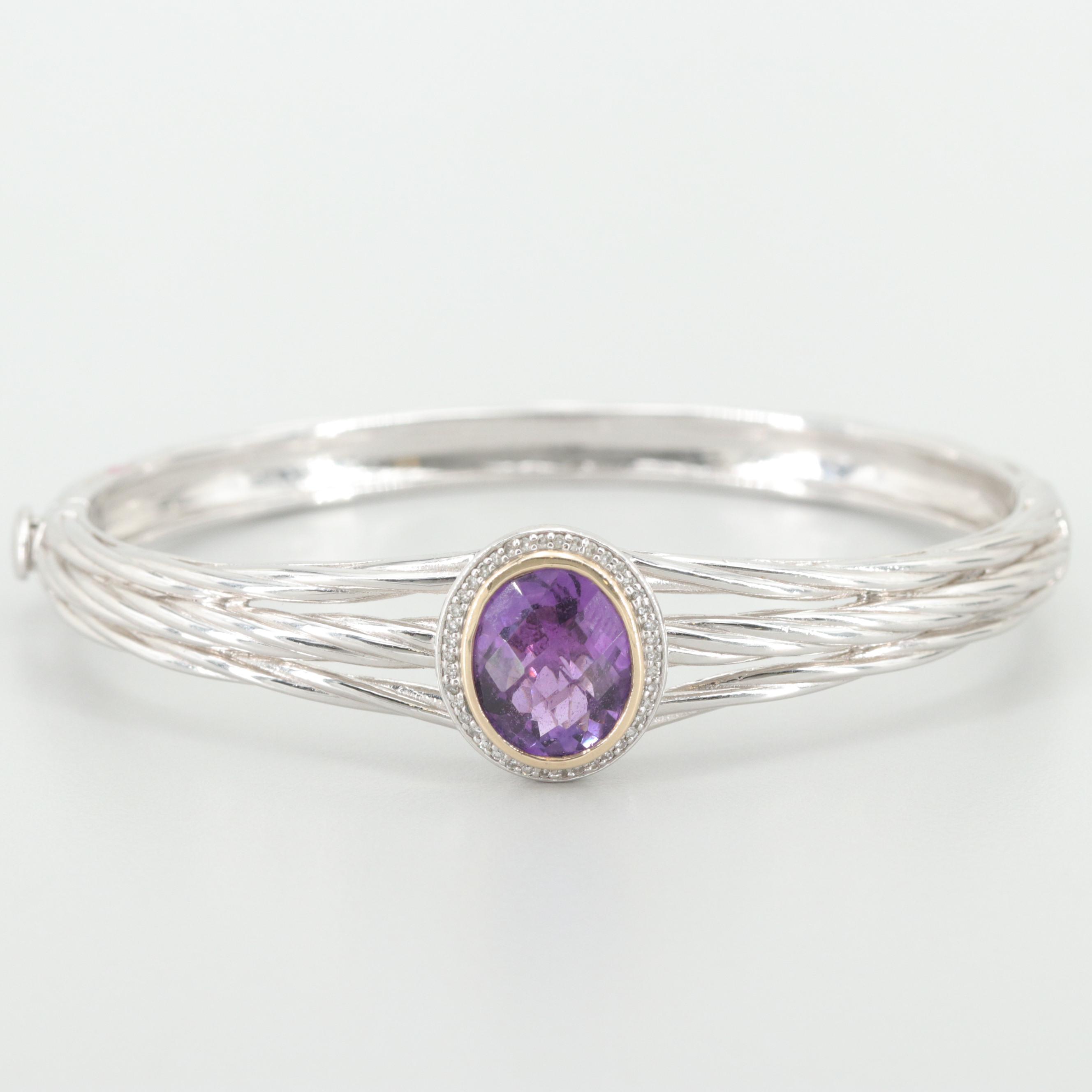 Sterling Silver Amethyst and Diamond Bangle Bracelet with 14K Yellow Gold Accent