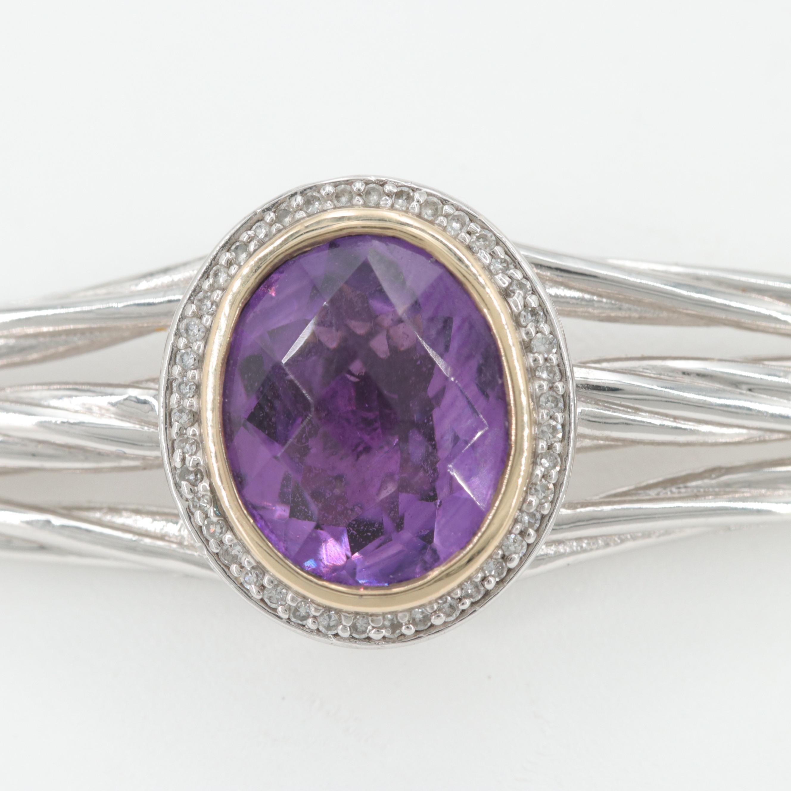 Sterling Silver Amethyst and Diamond Bangle Bracelet with 14K Yellow Gold Accent