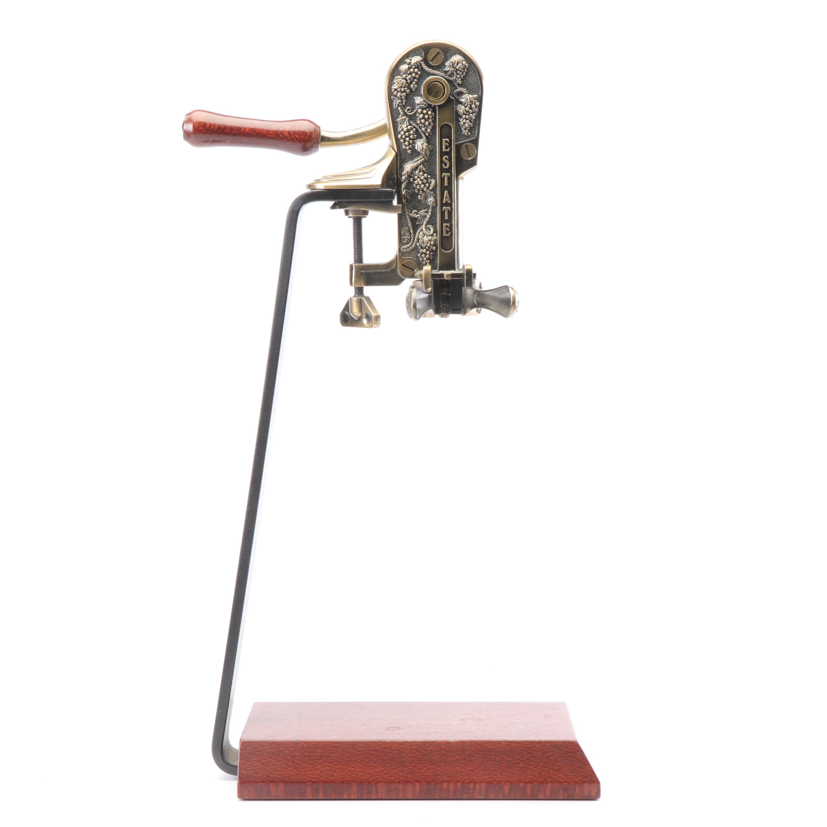 Estate Brass Wine Opener Corkscrew with Cast Iron and Wooden Stand