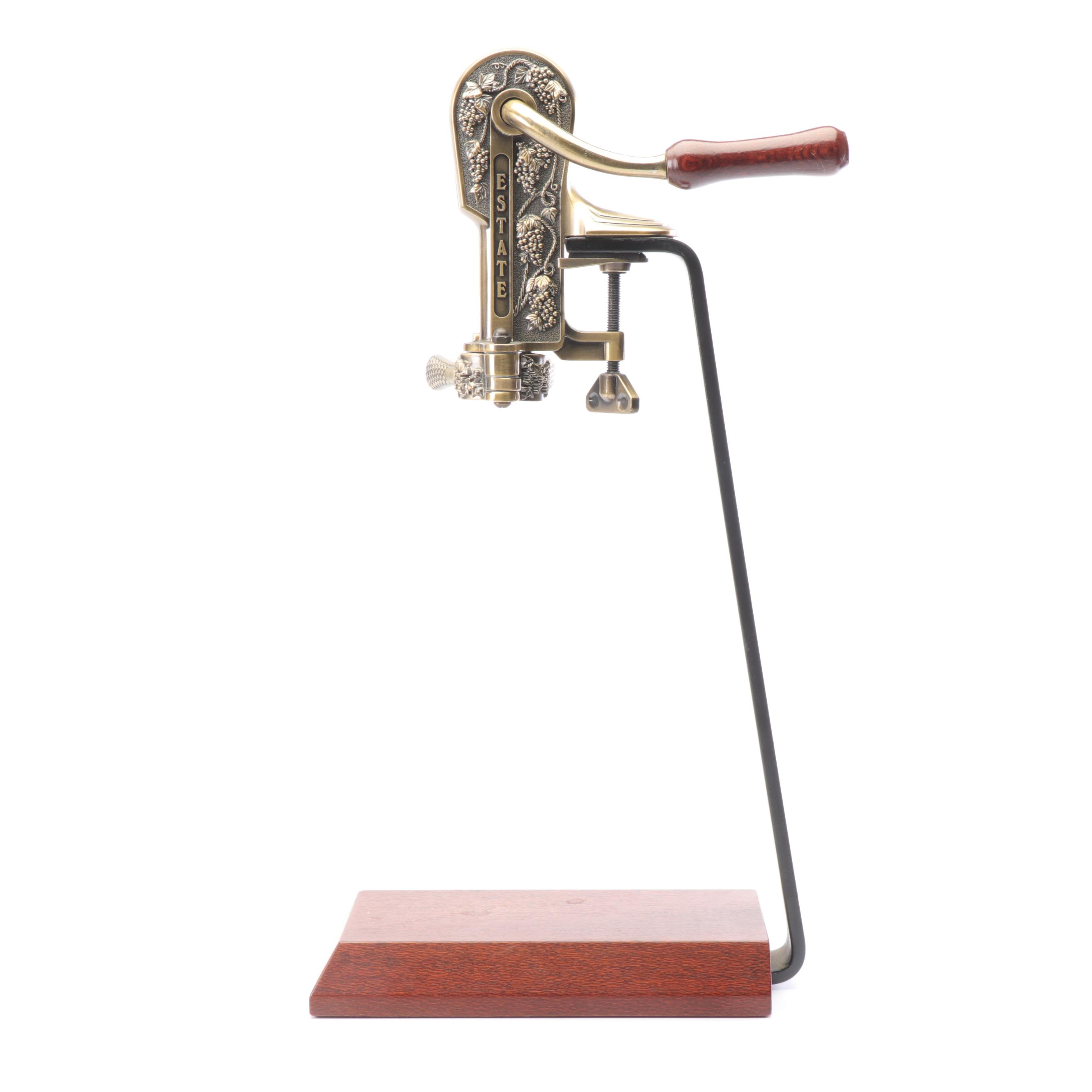 Estate Brass Wine Opener Corkscrew with Cast Iron and Wooden Stand
