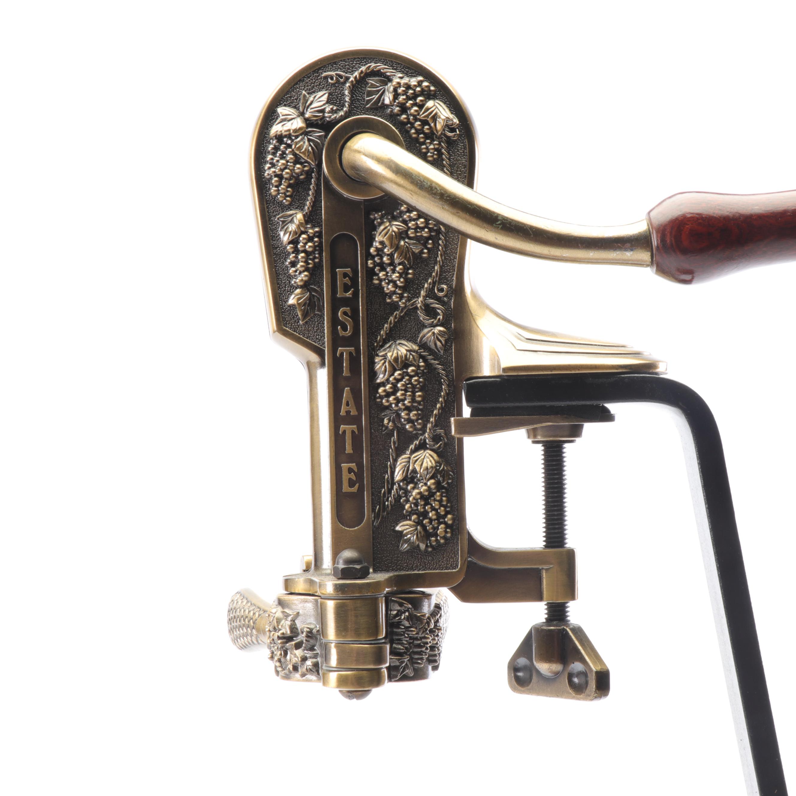 Estate Brass Wine Opener Corkscrew with Cast Iron and Wooden Stand