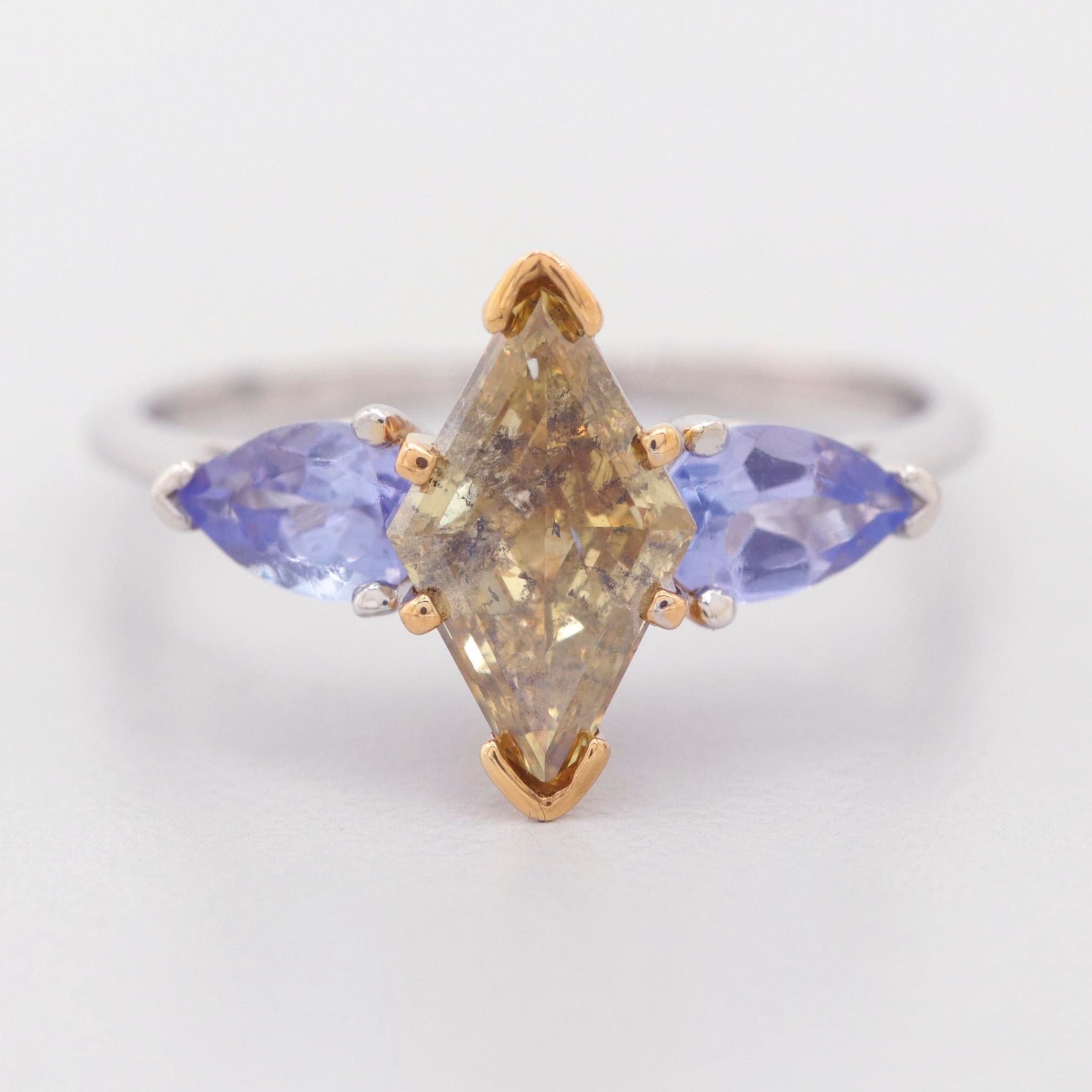 Platinum 1.54 CT Fancy DBG Yellow Diamond and Tanzanite Ring with GIA Report