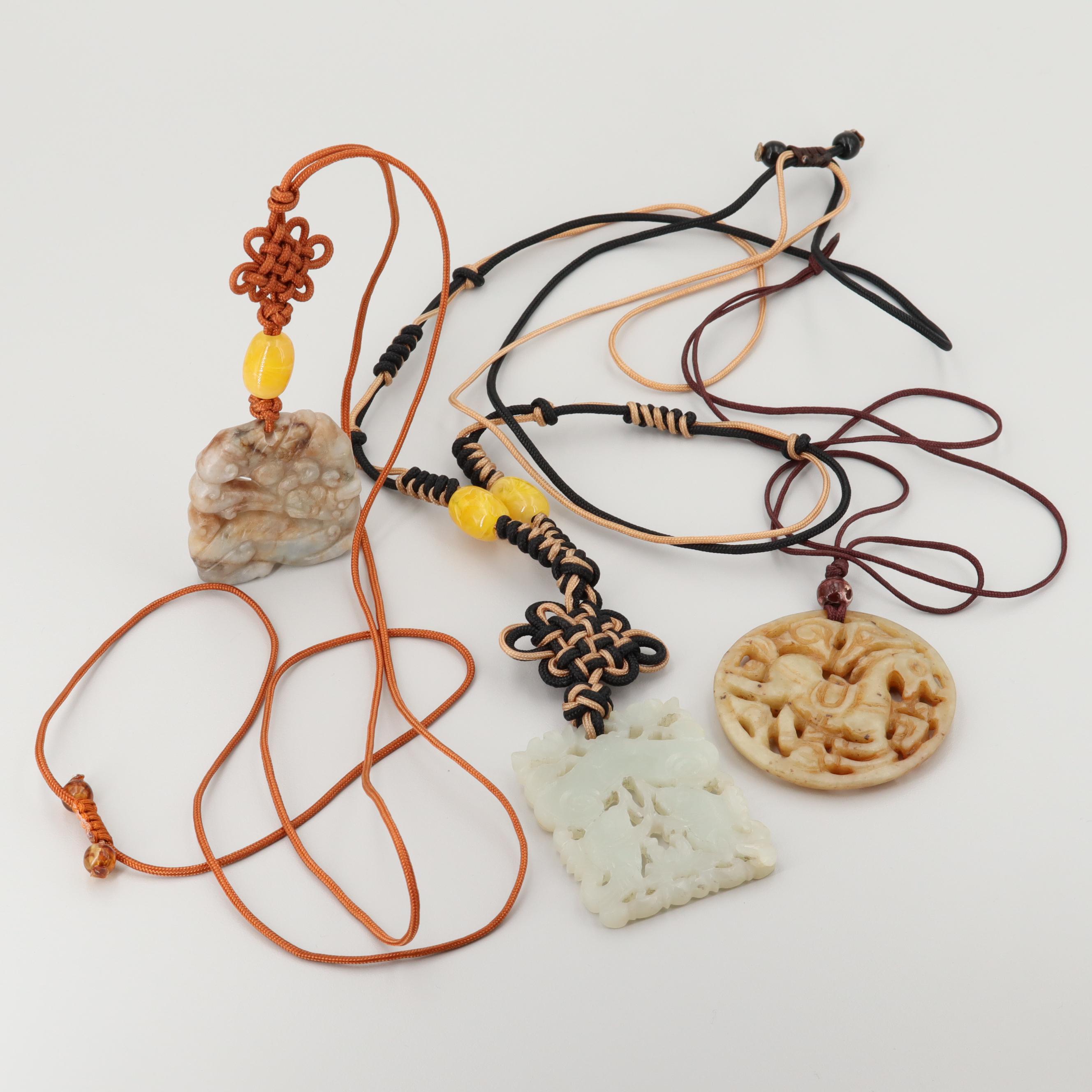 Carved Jadeite, Bowenite and Resin Adjustable Necklaces