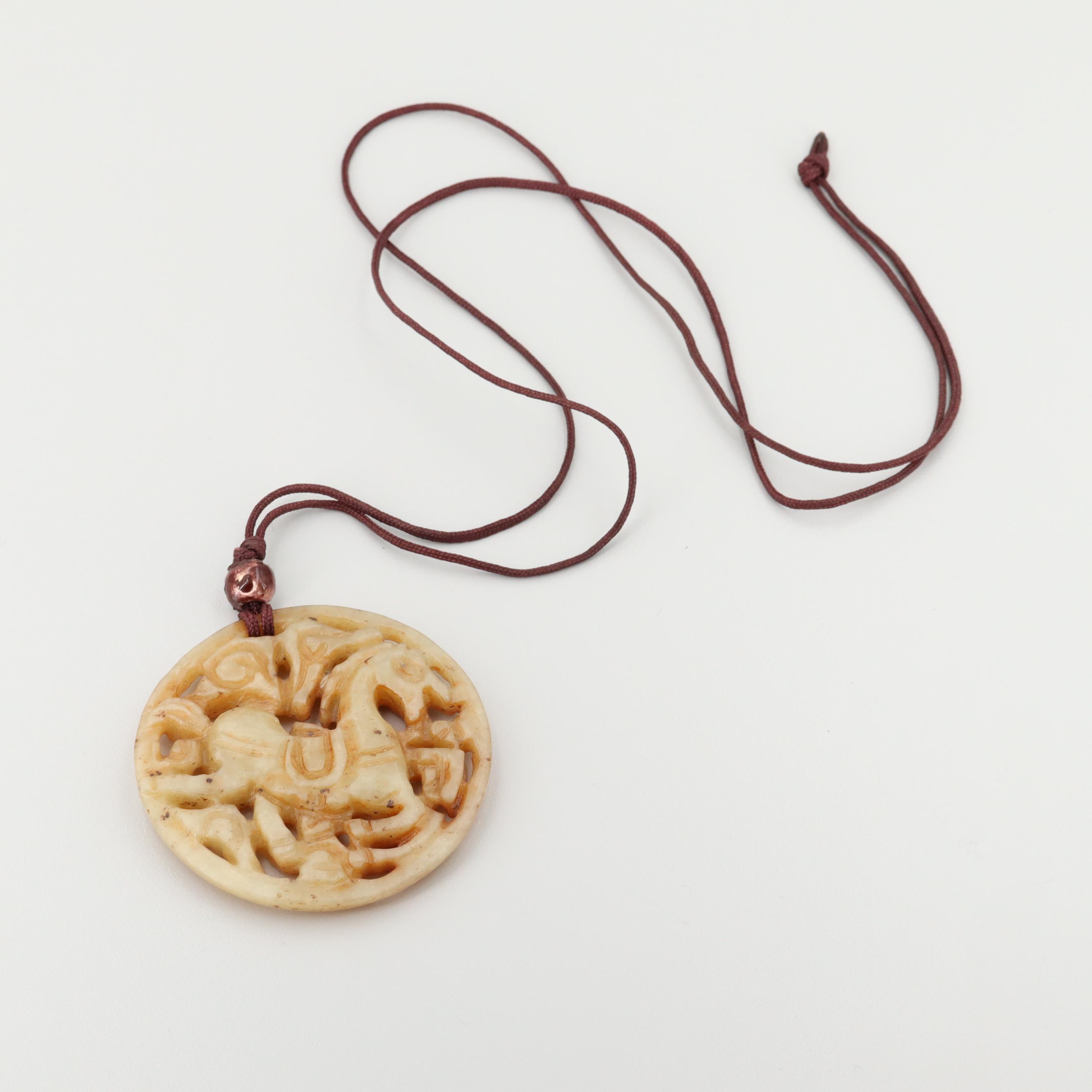 Carved Jadeite, Bowenite and Resin Adjustable Necklaces