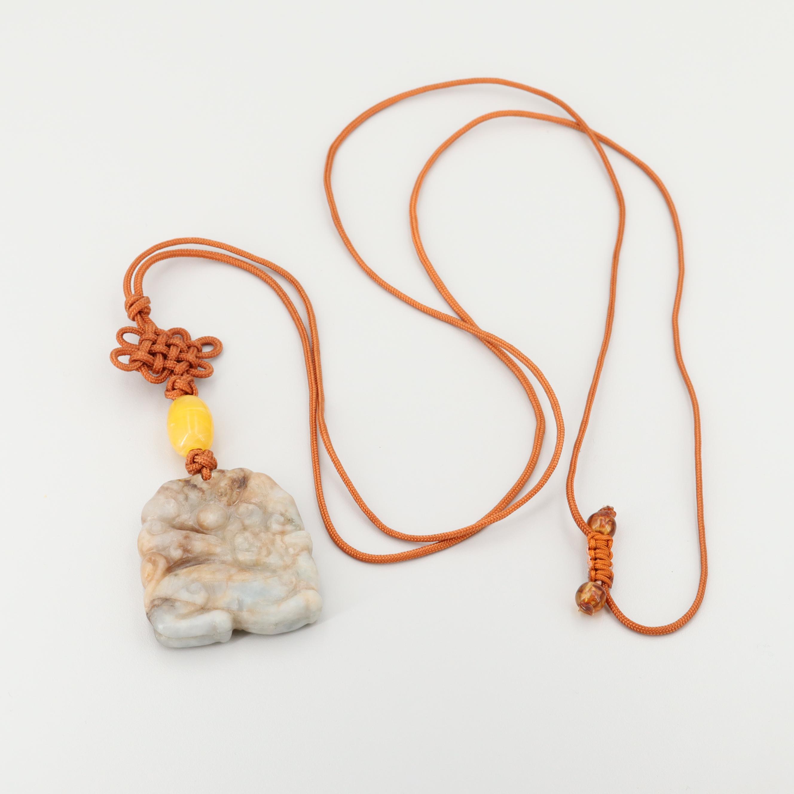 Carved Jadeite, Bowenite and Resin Adjustable Necklaces