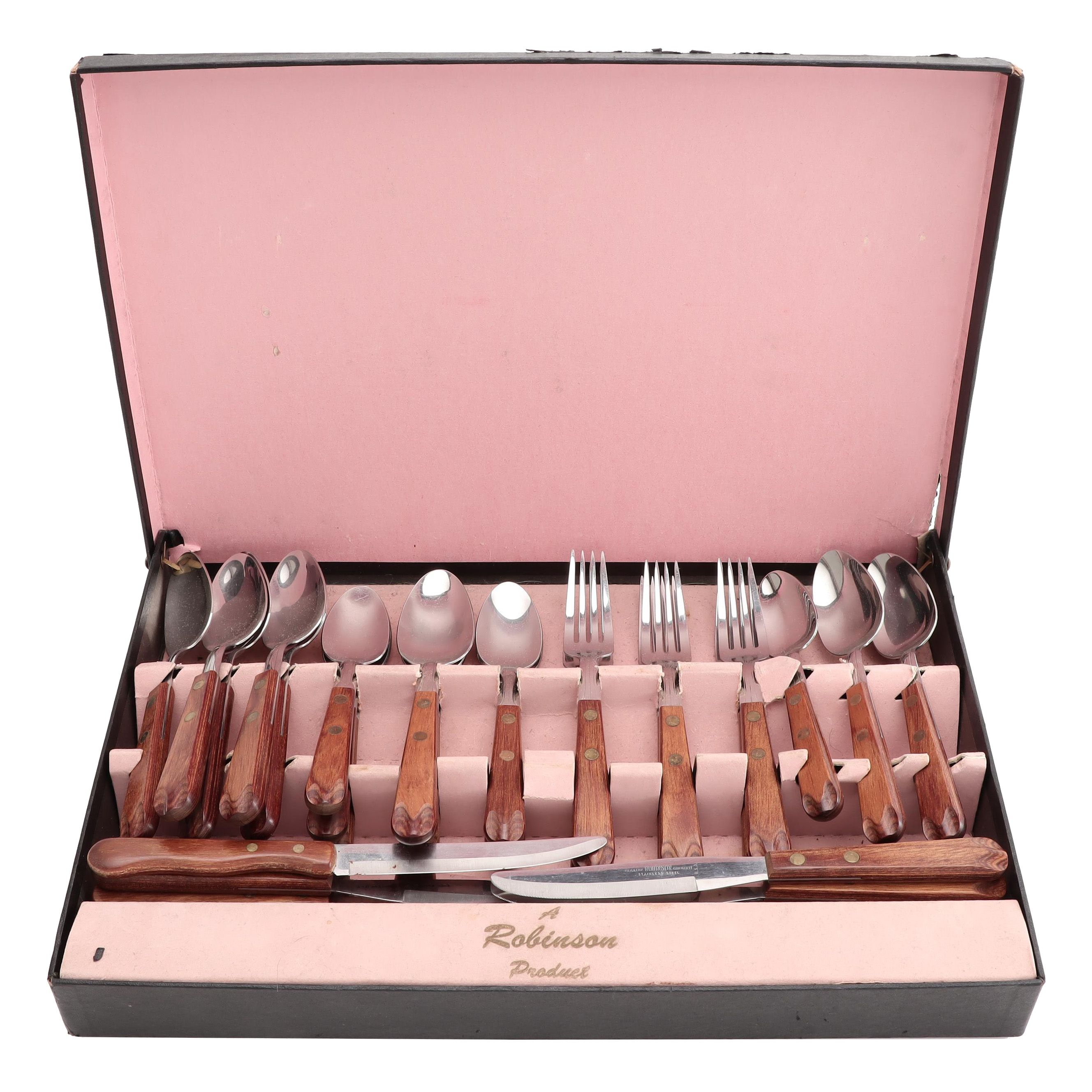 Robinson Stainless Steel Flatware with Wooden Handles and Chest, Mid-Century