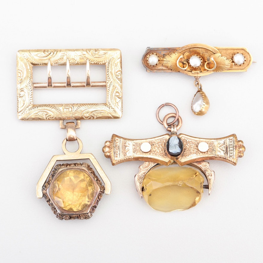 Victorian 17K, 14K and 12K Yellow Gold Brooches and Pendant