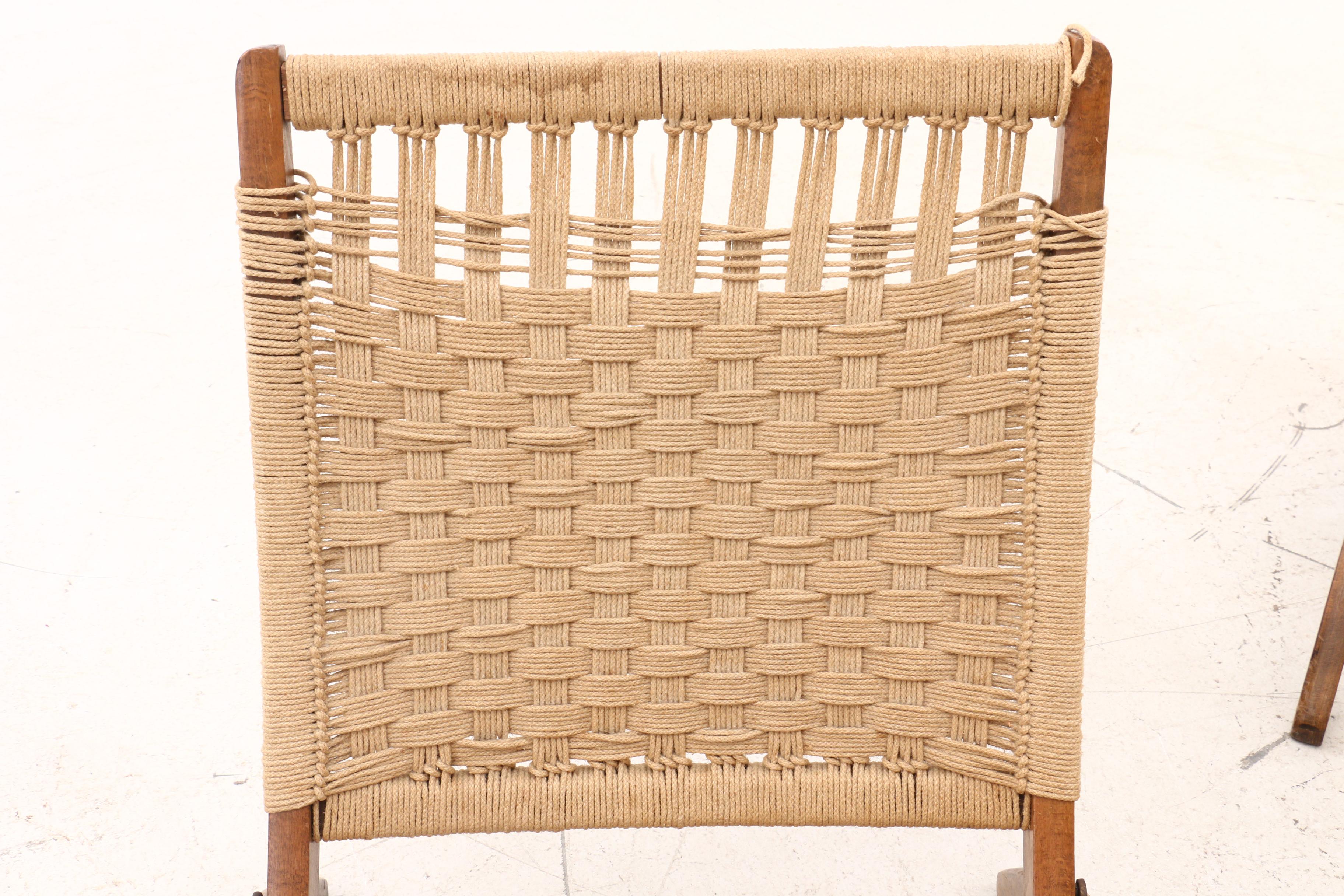 Mid Century Modern Hans Wegner Style Walnut Folding Rope Chairs