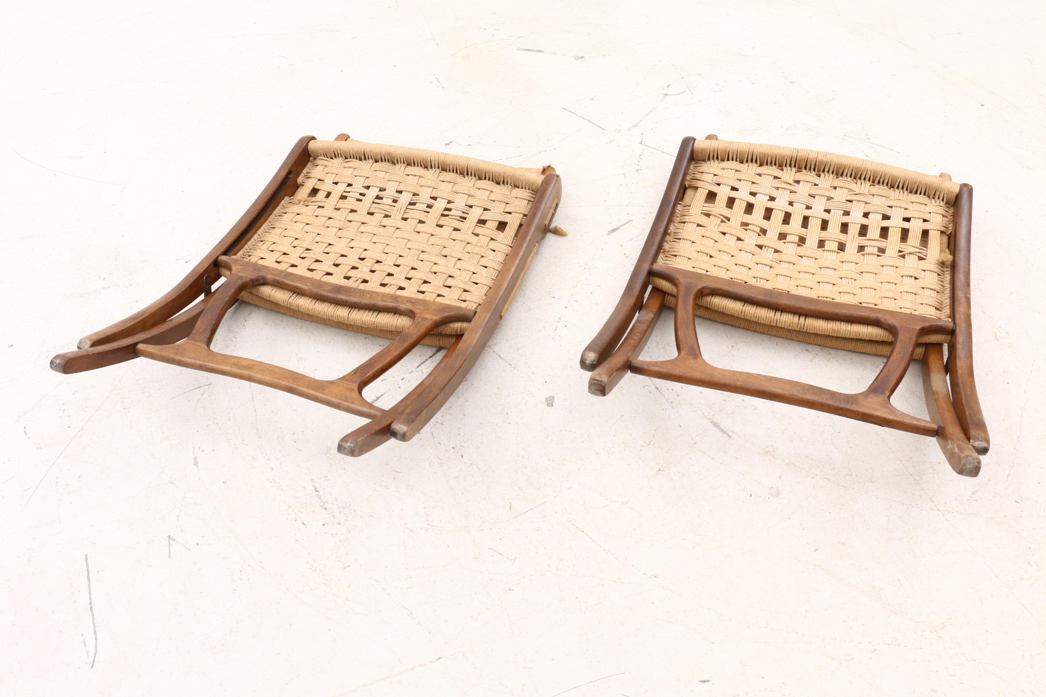 Mid Century Modern Hans Wegner Style Walnut Folding Rope Chairs
