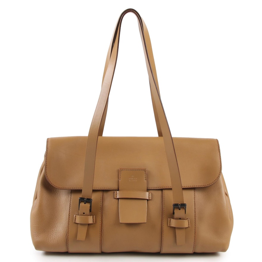 Gucci Flap Front Drawstring Shoulder Bag in Tan Leather with Buckle Straps