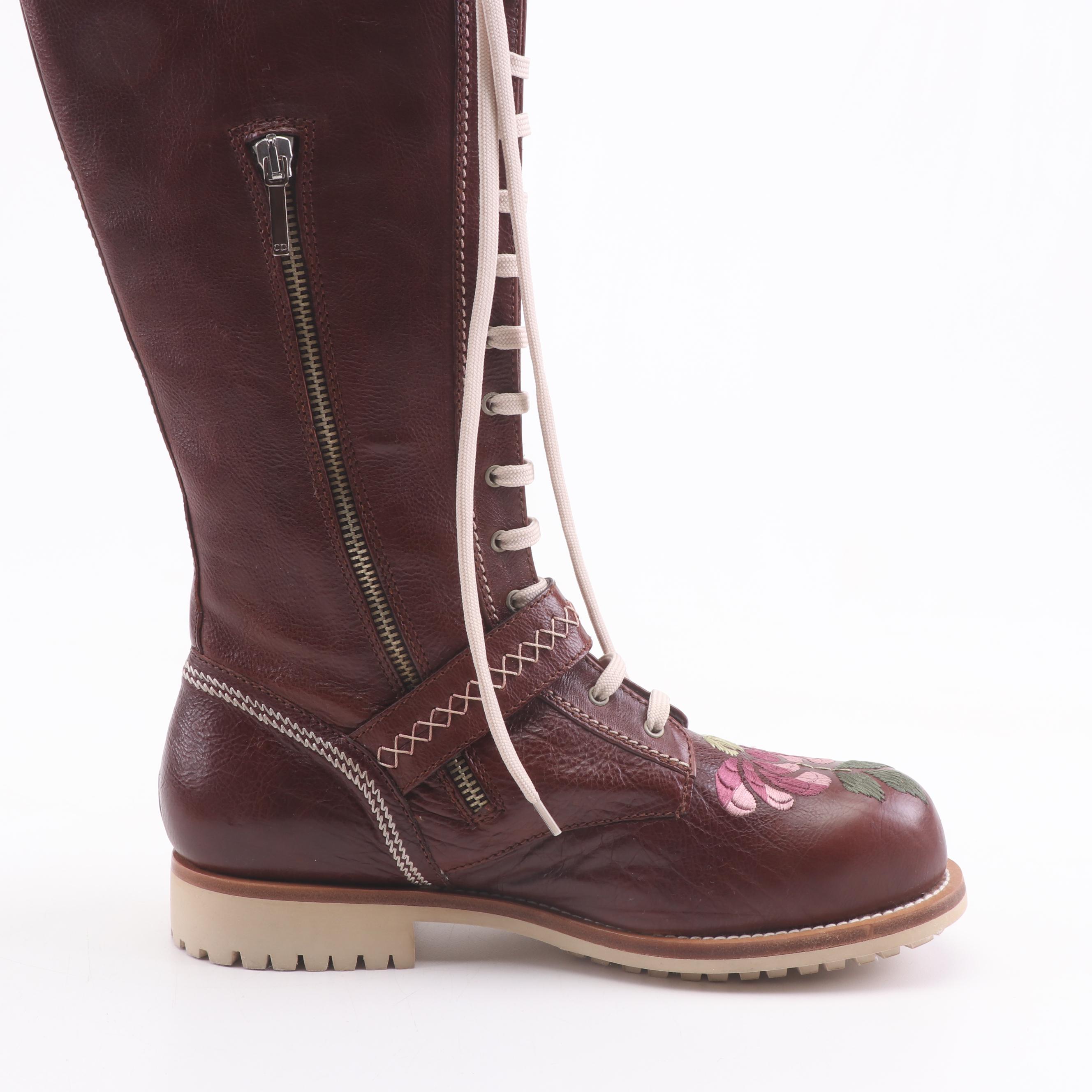Christian Dior Brown Leather Boots with Embroidered Floral and Butterfly Motif