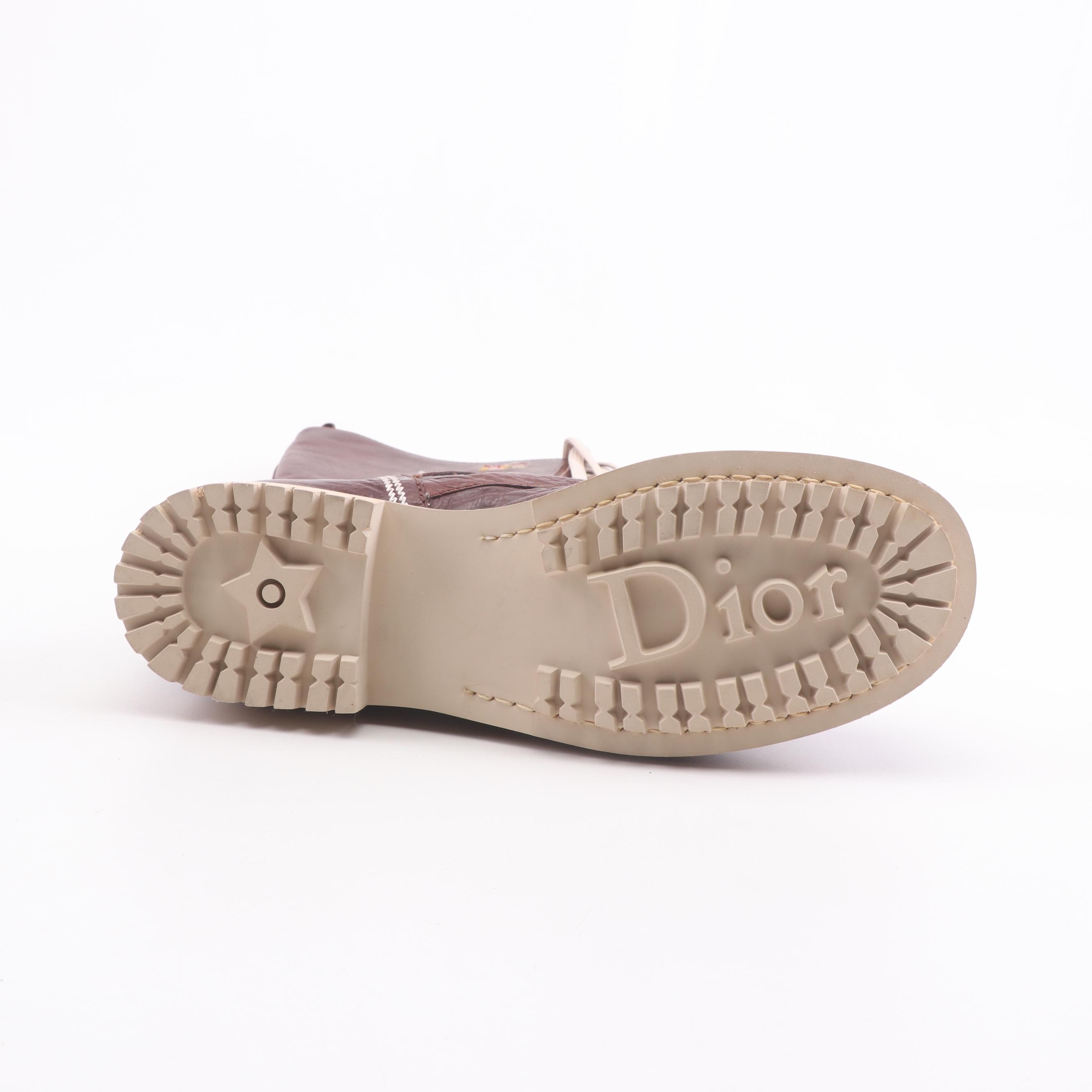 Christian Dior Brown Leather Boots with Embroidered Floral and Butterfly Motif