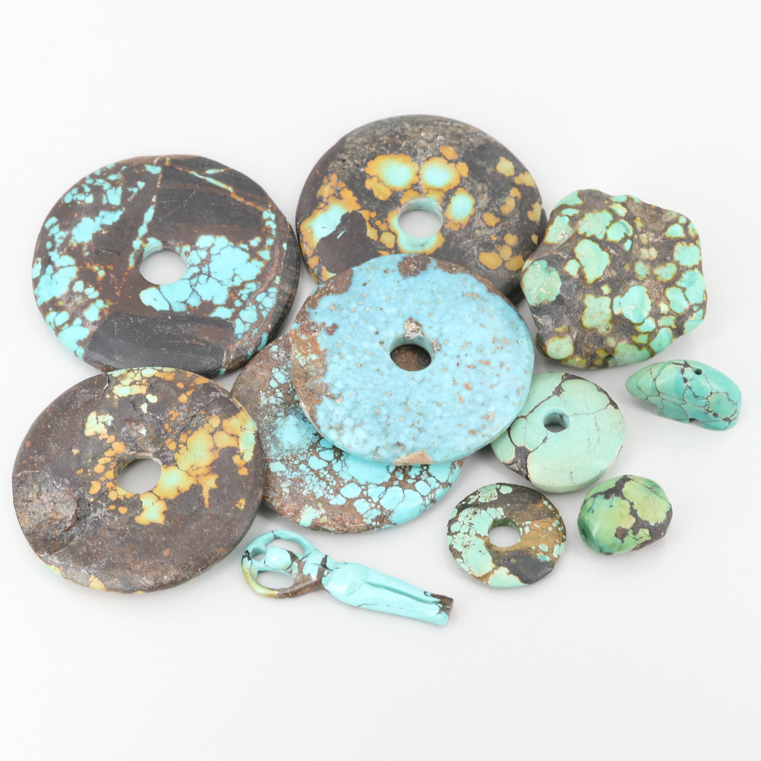 Loose Turquoise Carvings Including Discs and Figural Bead