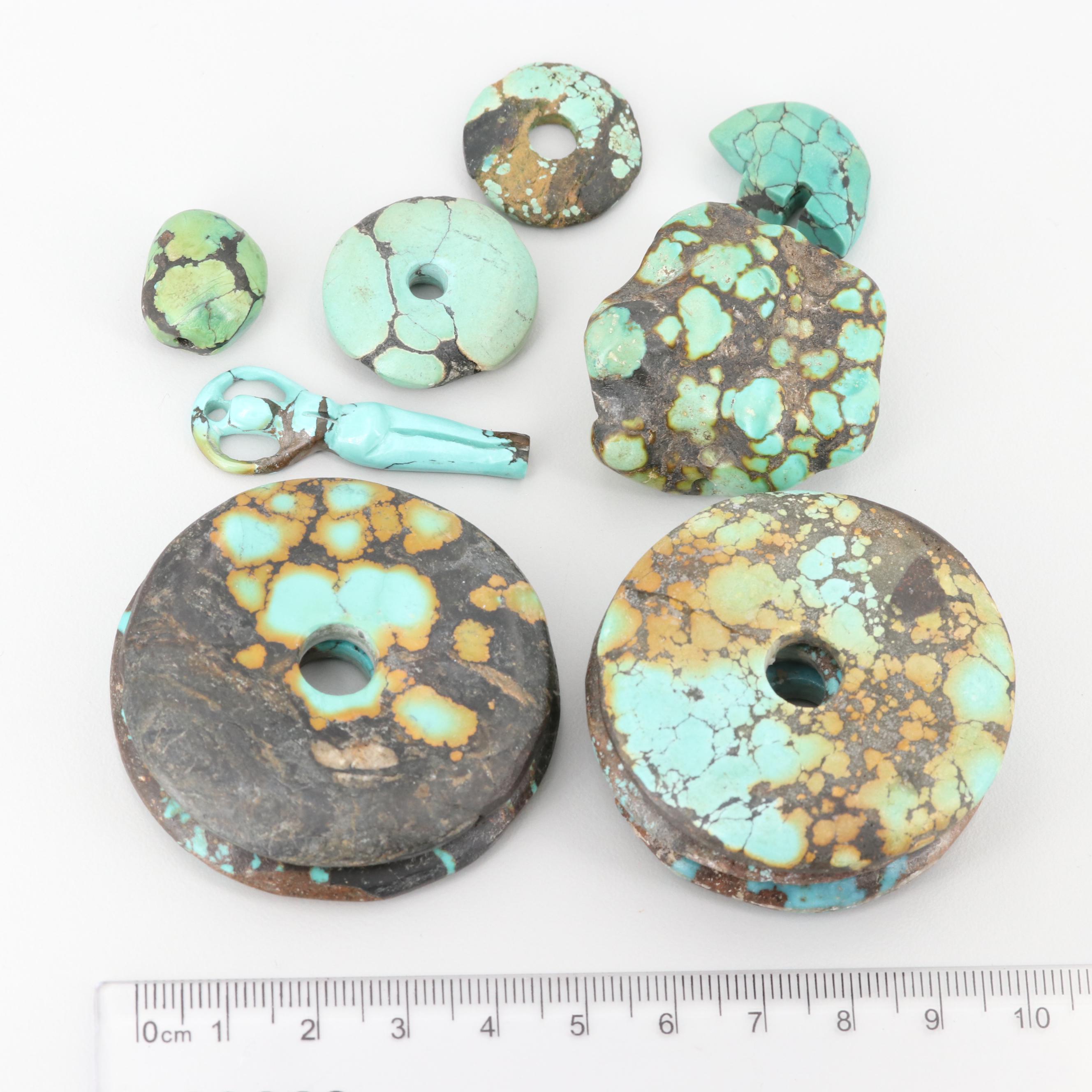 Loose Turquoise Carvings Including Discs and Figural Bead