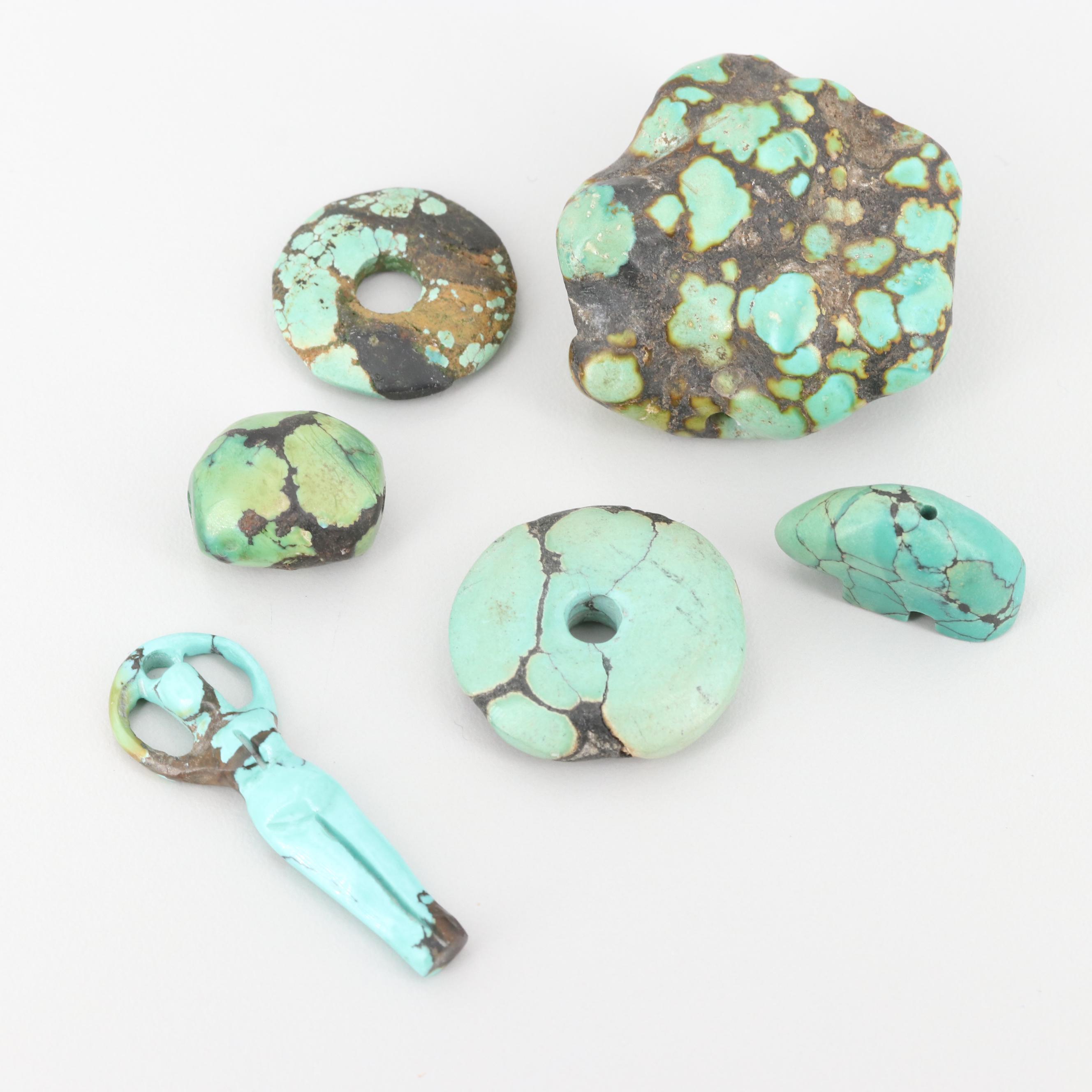 Loose Turquoise Carvings Including Discs and Figural Bead