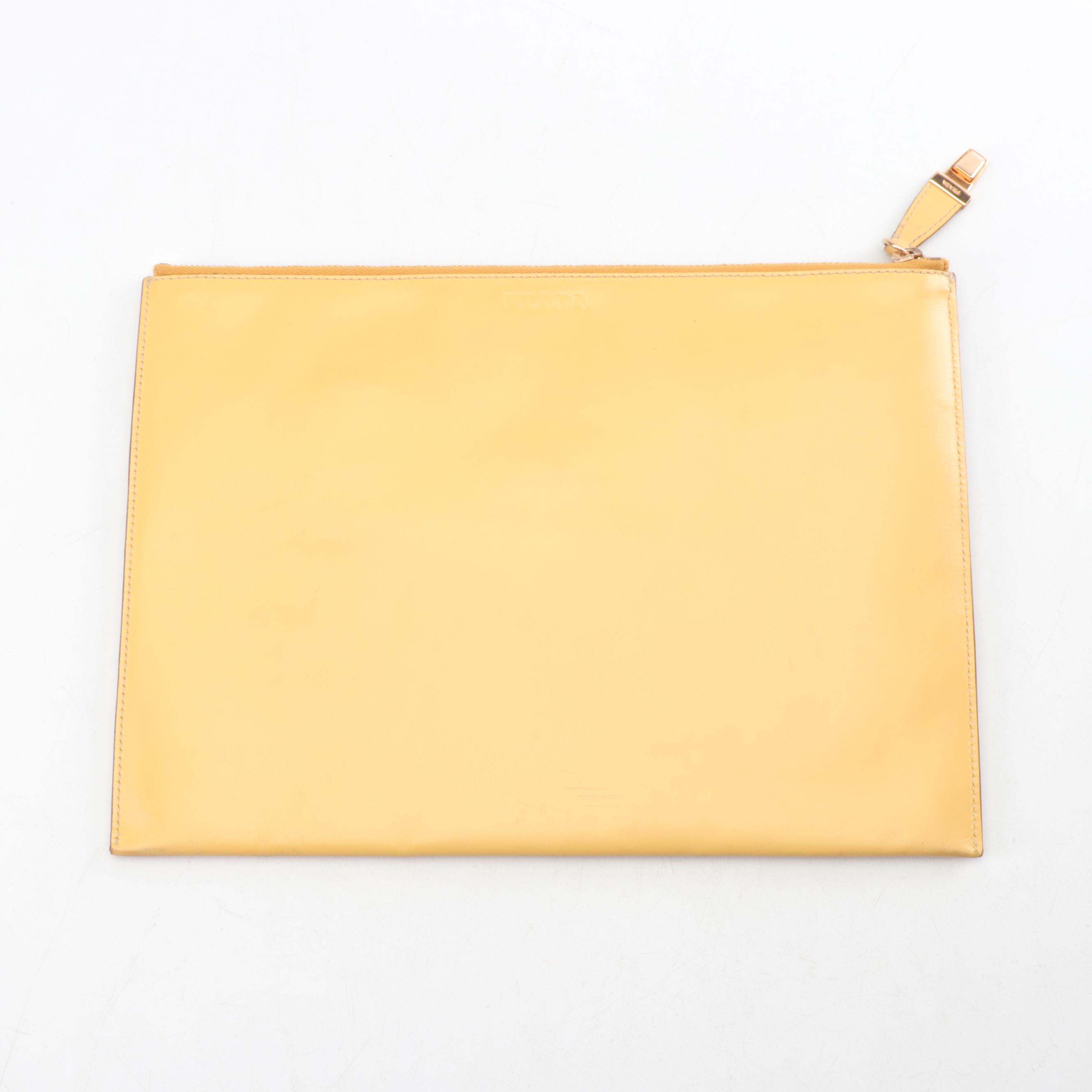Prada Cervo Leather Clutch in Yellow with Light Brown Interior