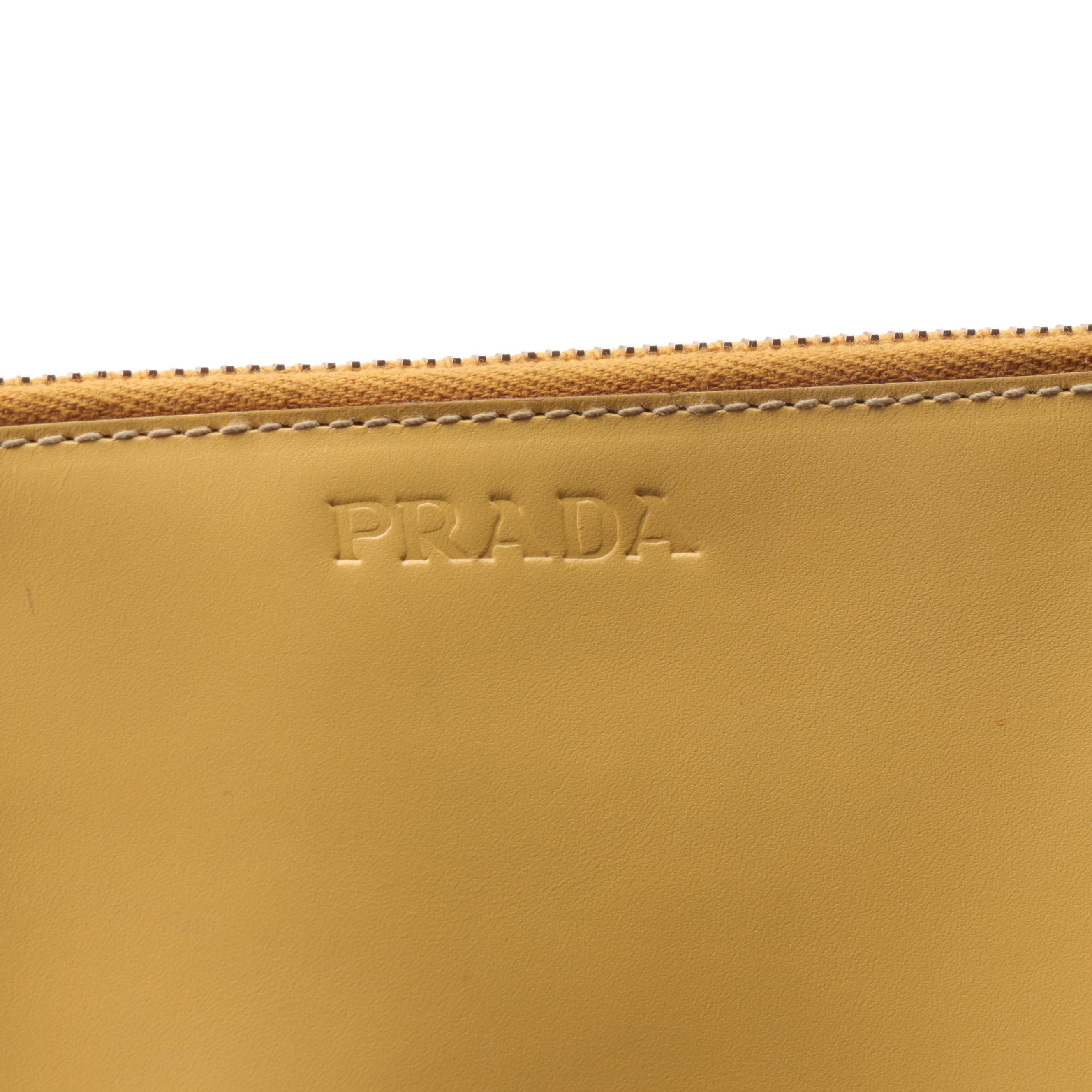 Prada Cervo Leather Clutch in Yellow with Light Brown Interior