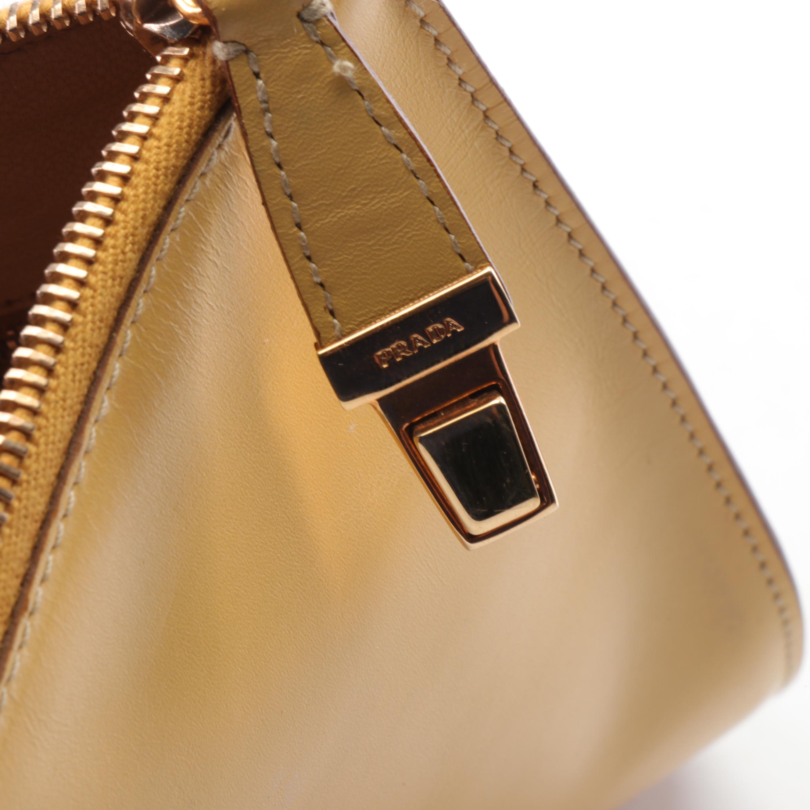 Prada Cervo Leather Clutch in Yellow with Light Brown Interior