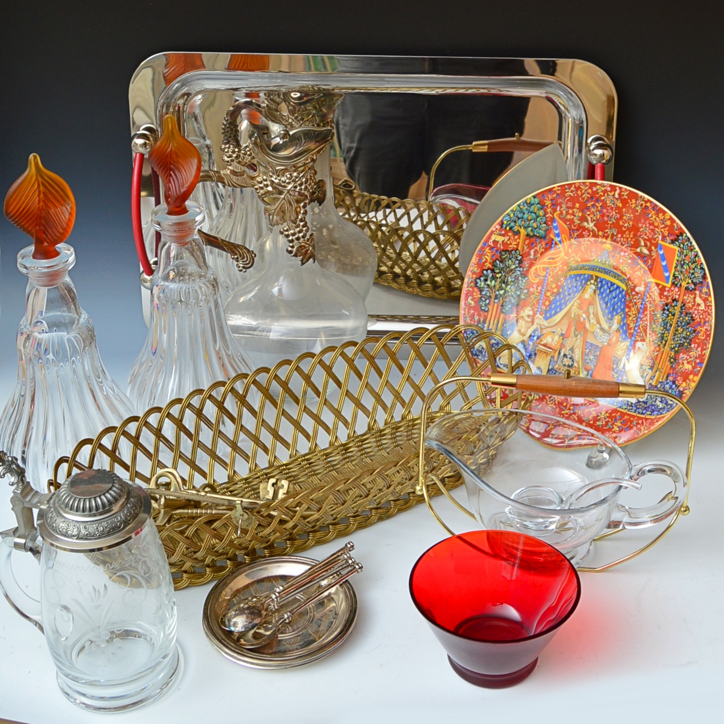 Serveware w/ Decanters, Waterford "Marquis" Stainless Tray, Erbo Etched Stein