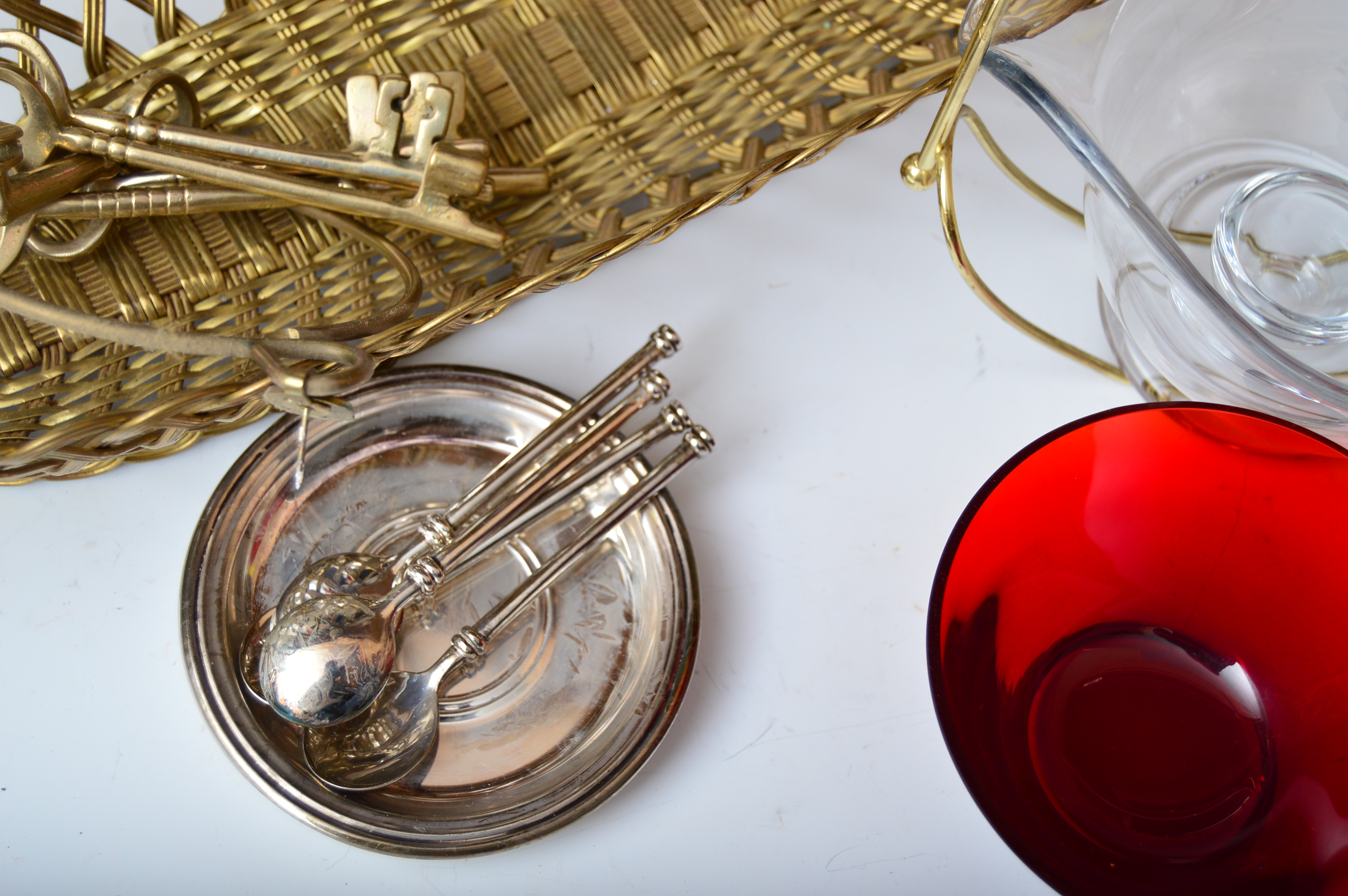 Serveware w/ Decanters, Waterford "Marquis" Stainless Tray, Erbo Etched Stein