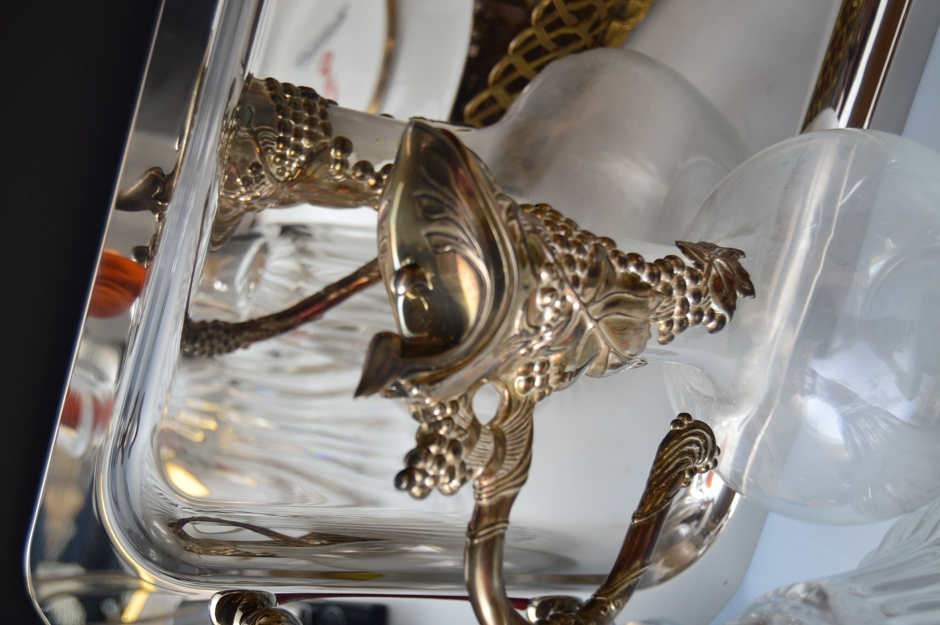 Serveware w/ Decanters, Waterford "Marquis" Stainless Tray, Erbo Etched Stein