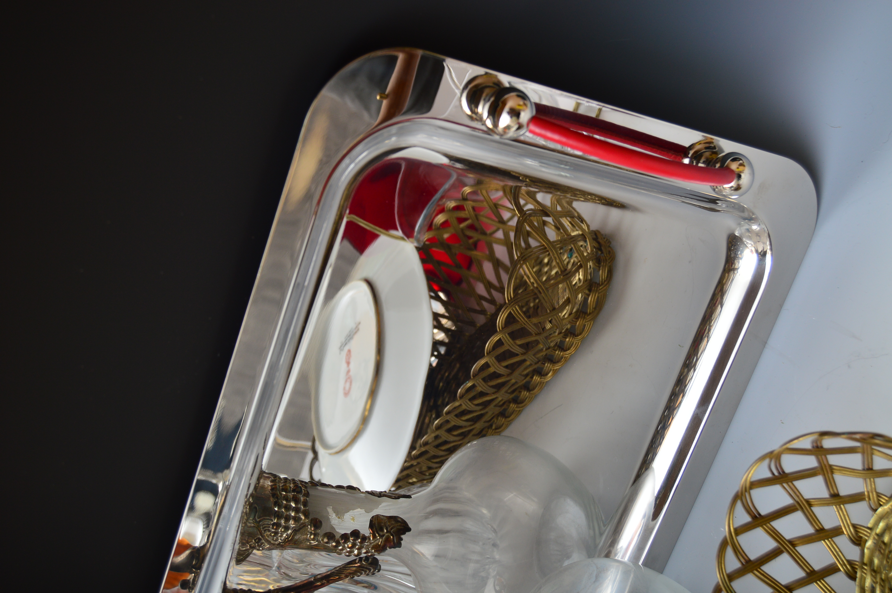 Serveware w/ Decanters, Waterford "Marquis" Stainless Tray, Erbo Etched Stein