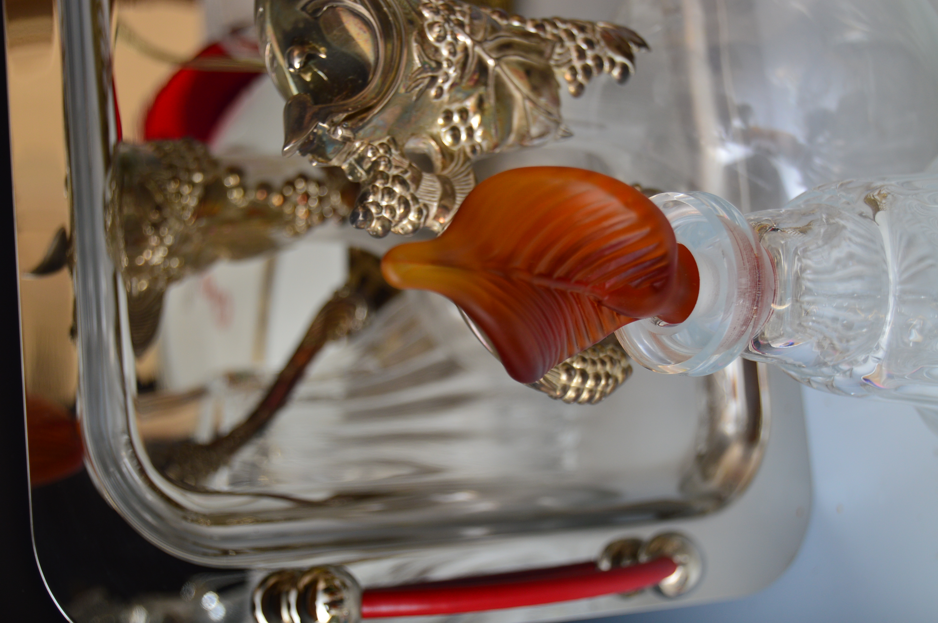 Serveware w/ Decanters, Waterford "Marquis" Stainless Tray, Erbo Etched Stein