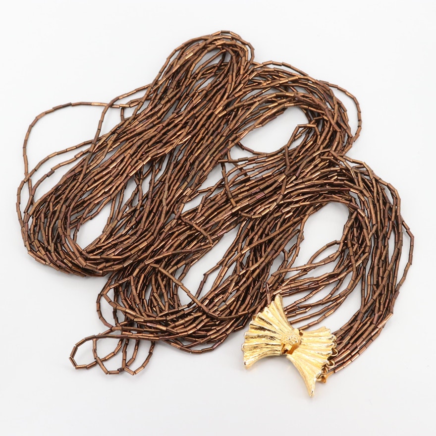 Gold Tone Glass Bugle Beaded Multi-Strand Necklace